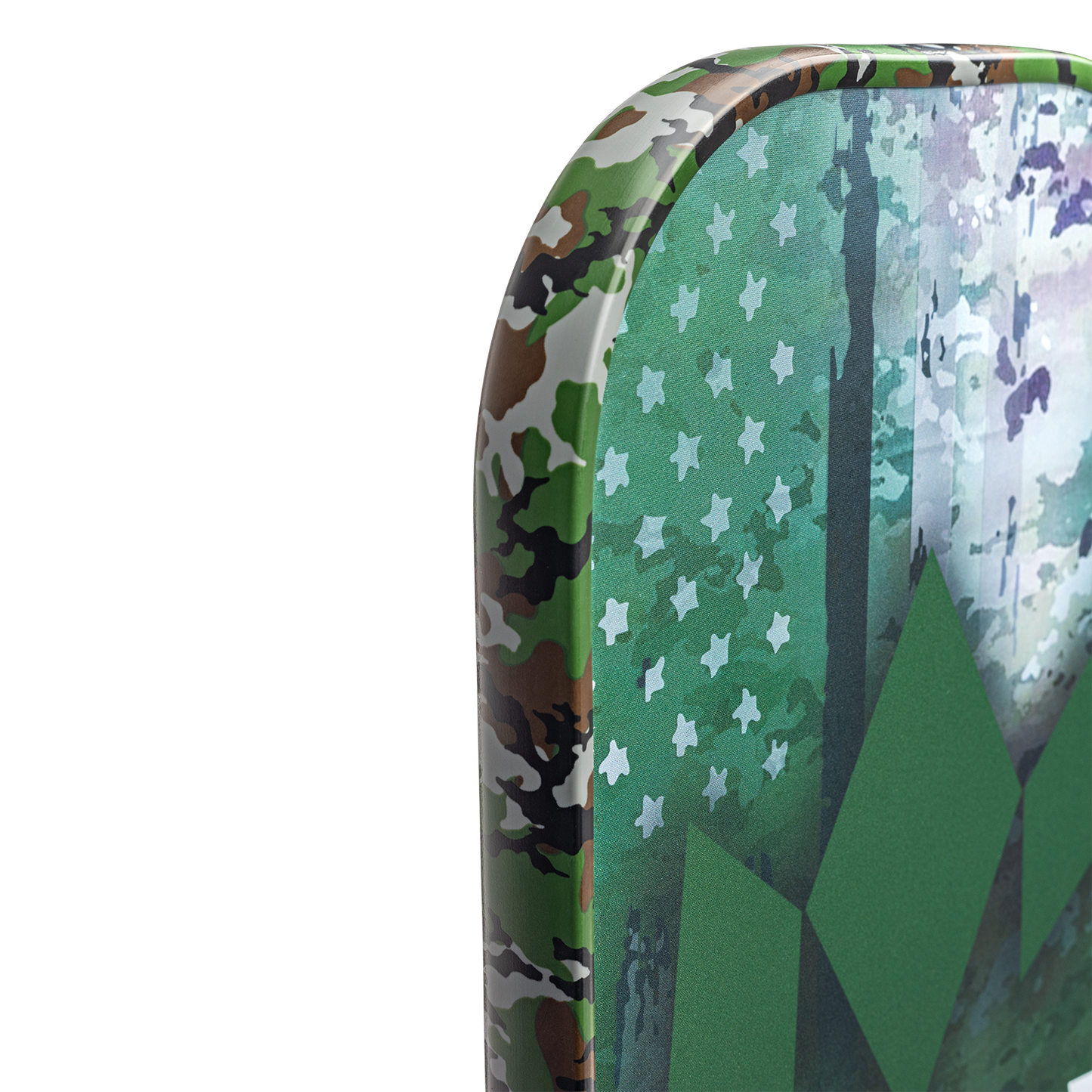 A close-up of the Diadem Sports First Responder Series V2 - Warrior Edge pickleball paddle with a rounded edge, green camouflage pattern, and white stars and geometric shapes, set against a plain white background.