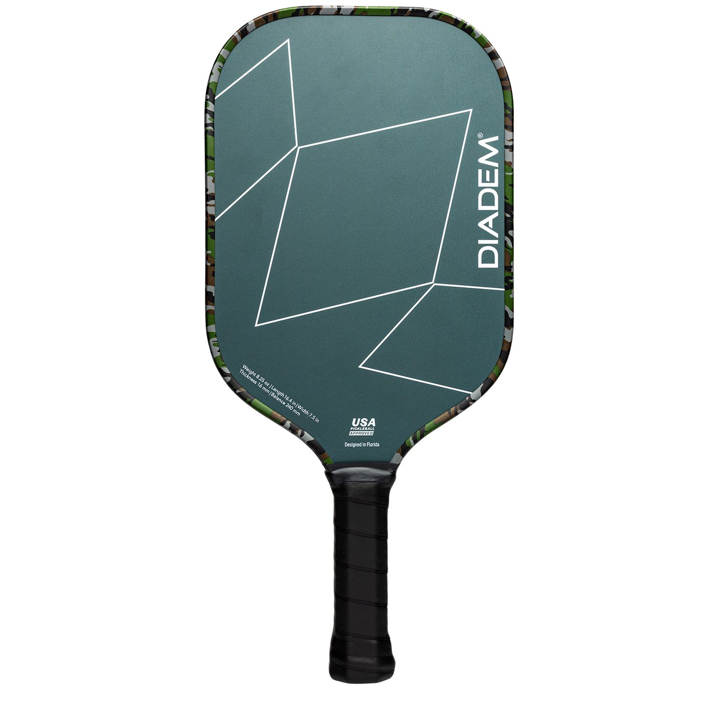 The Diadem Sports First Responder Series V2 - Warrior Edge is a matte green pickleball paddle with white geometric lines, a camo edge, black wrapped handle, rounded rectangular shape, and supports the Tunnel to Towers Foundation.