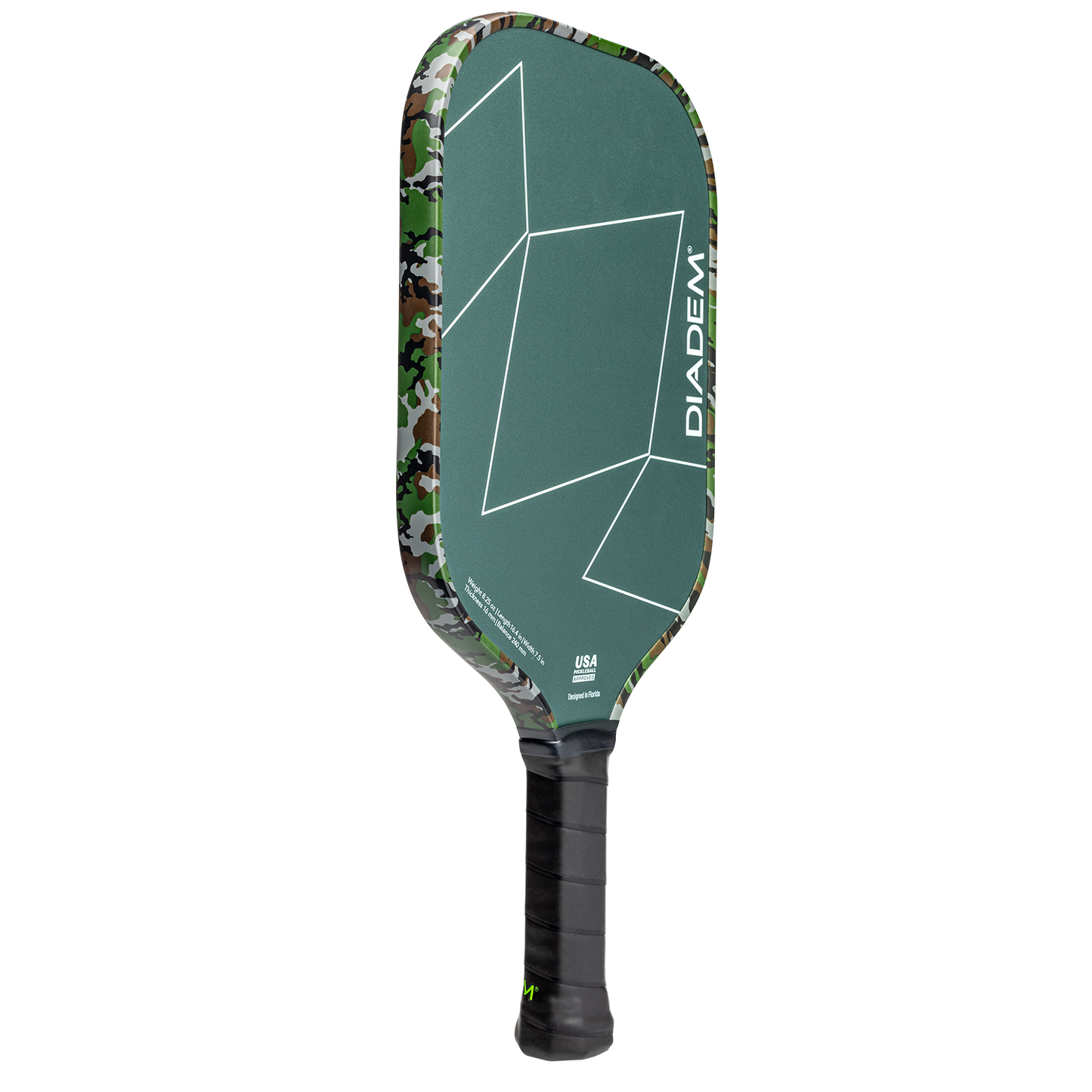 The Diadem Sports First Responder Series V2 - Warrior Edge pickleball paddle features a green face with geometric white lines, camouflage edge, black grip, and honors heroes as part of the Tunnel to Towers Foundation collection.
