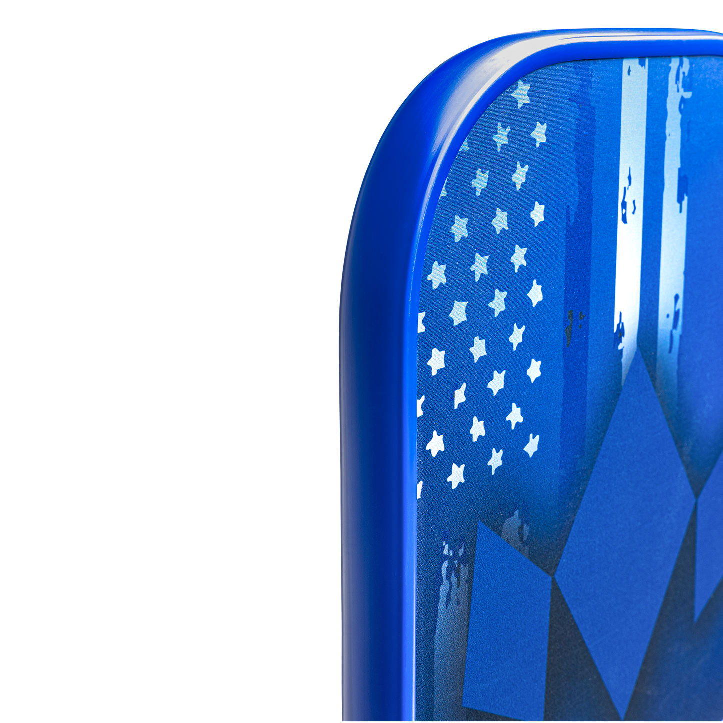 Close-up of the curved edge of a blue Diadem Sports First Responder Series V2 - Warrior Edge pickleball paddle with white stars and bold blue stripes, resembling a stylized American flag. Only part of the design is visible against a plain white background.