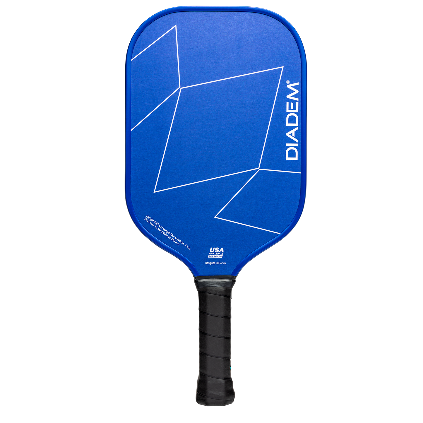 The First Responder Series V2 - Warrior Edge by Diadem Sports is a blue pickleball paddle with a black handle and white geometric lines. DIADEM appears vertically on the right in white, and its rectangular face has rounded edges.