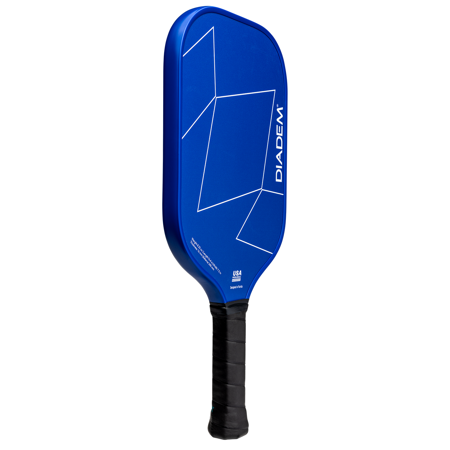 A blue Diadem Sports First Responder Series V2 - Warrior Edge pickleball paddle with white geometric lines, the brand name printed vertically near the edge, and a black textured grip. Supports the Tunnel to Towers Foundation. Light gray background.