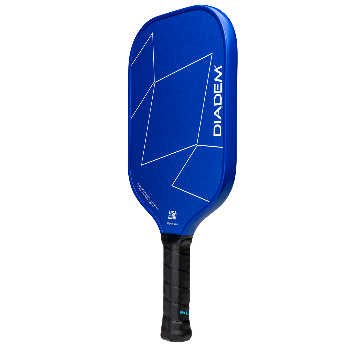 The Diadem Sports First Responder Series V2 - Warrior Edge is a blue pickleball paddle with geometric white lines, “DIADEM” printed vertically, a black textured grip, and supports the Tunnel to Towers Foundation.