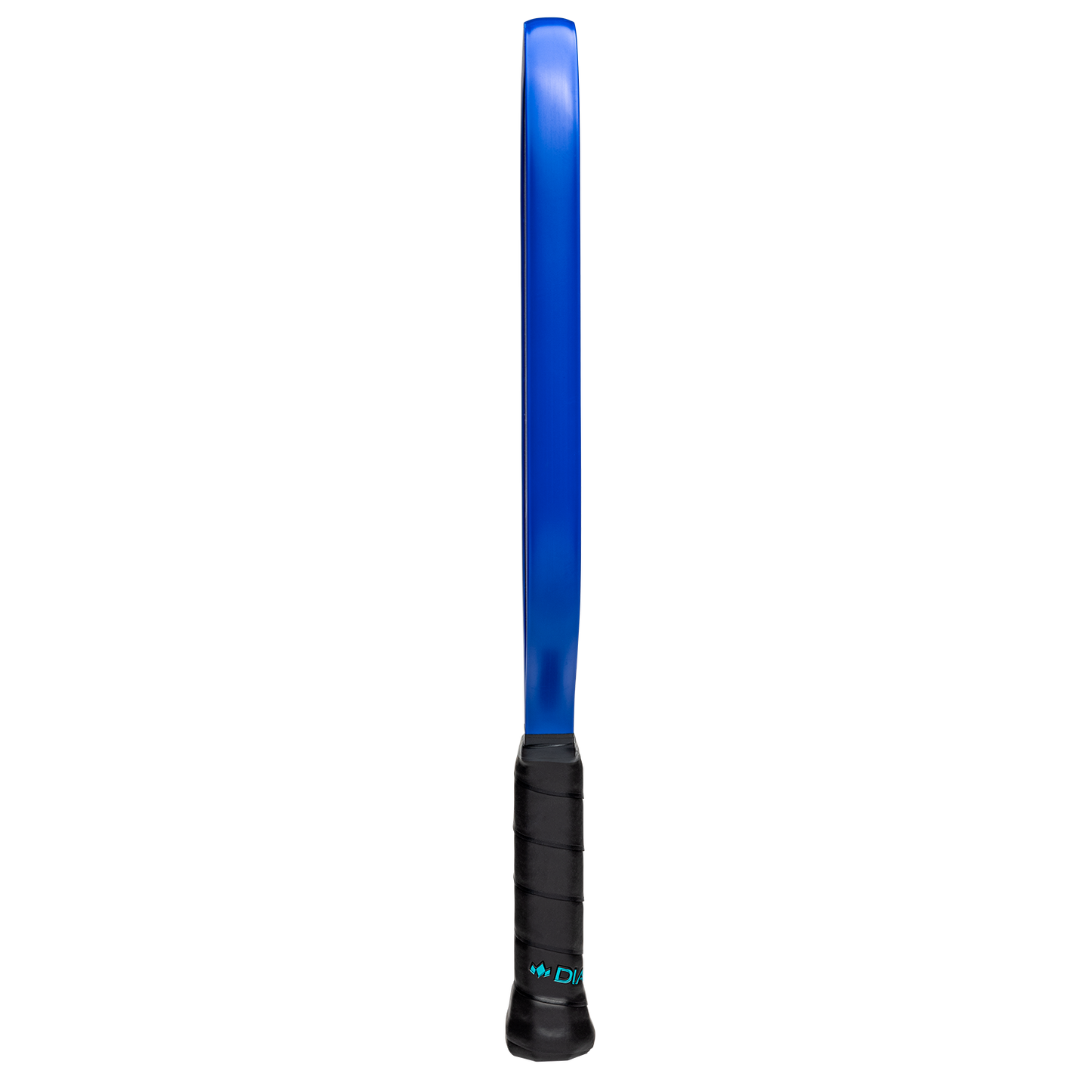 A blue tennis racket with a slim frame and a black textured grip is shown from the side against a white background—its sleek profile reminiscent of the Diadem Sports First Responder Series V2 - Warrior Edge paddle.