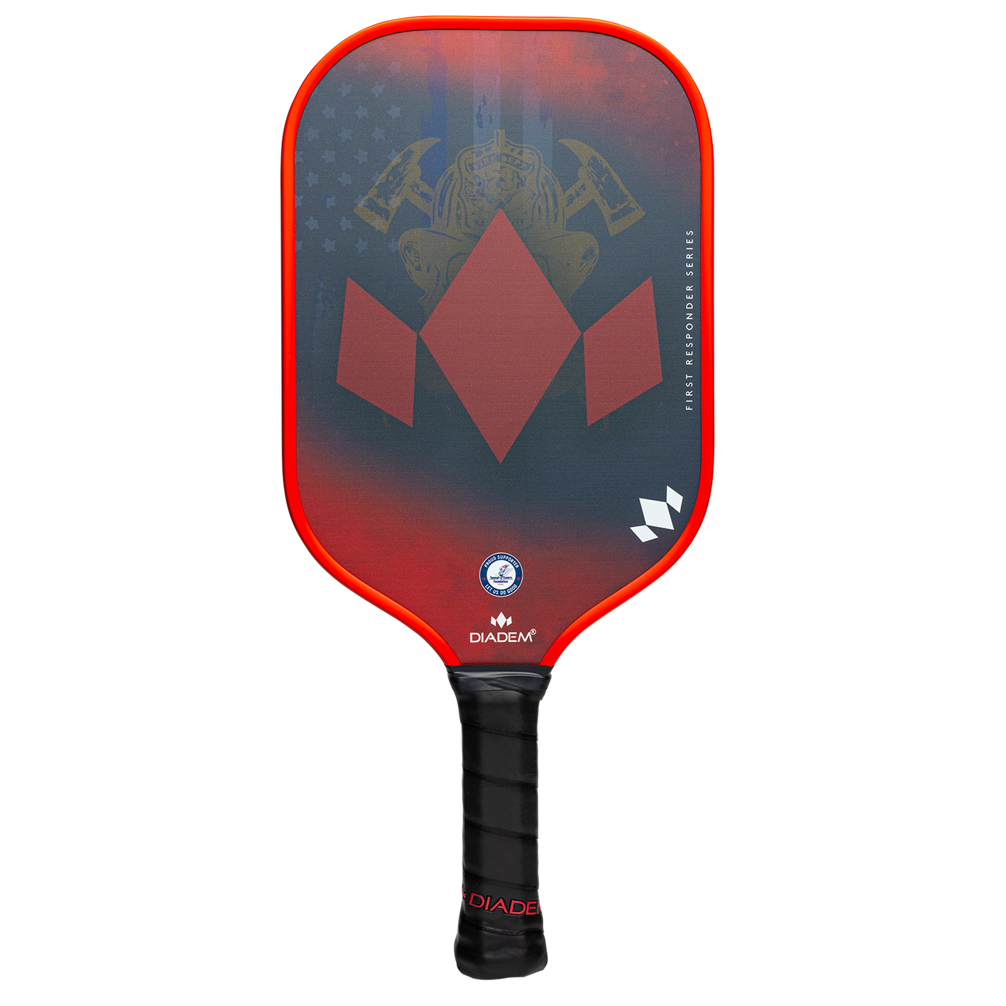 The Diadem Sports First Responder Series V2 - Warrior Edge pickleball paddle features a red and black face with a bold diamond design, an eagle graphic, and supports the Tunnel to Towers Foundation.