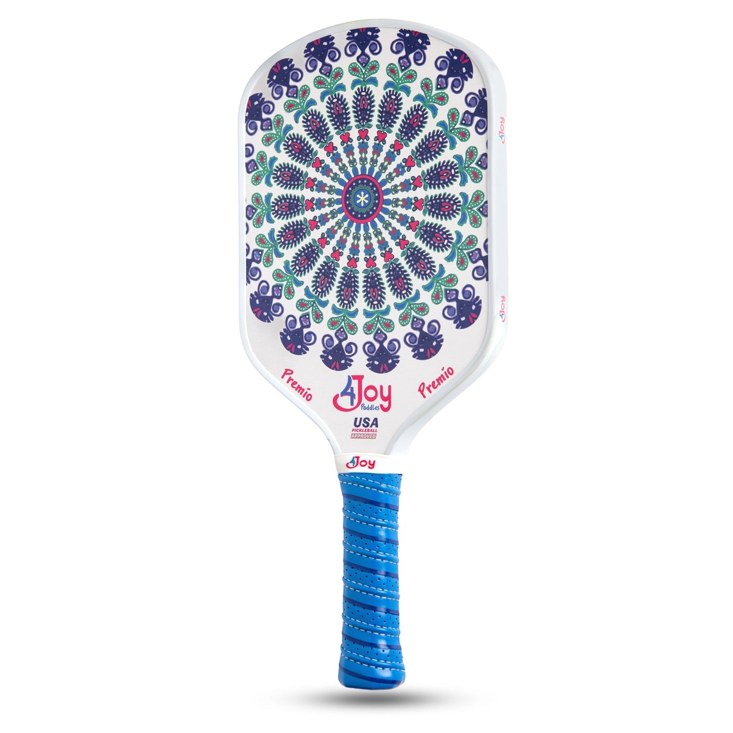 The Fitz 4Joy Pickleball Paddle Premio Series by 4Joy Paddles features a blue and teal mandala floral design on a white face, with a blue handle grip wrapped in diagonal red lines. Includes "Joy" and "Premio" text plus a USA Pickleball approval sticker.