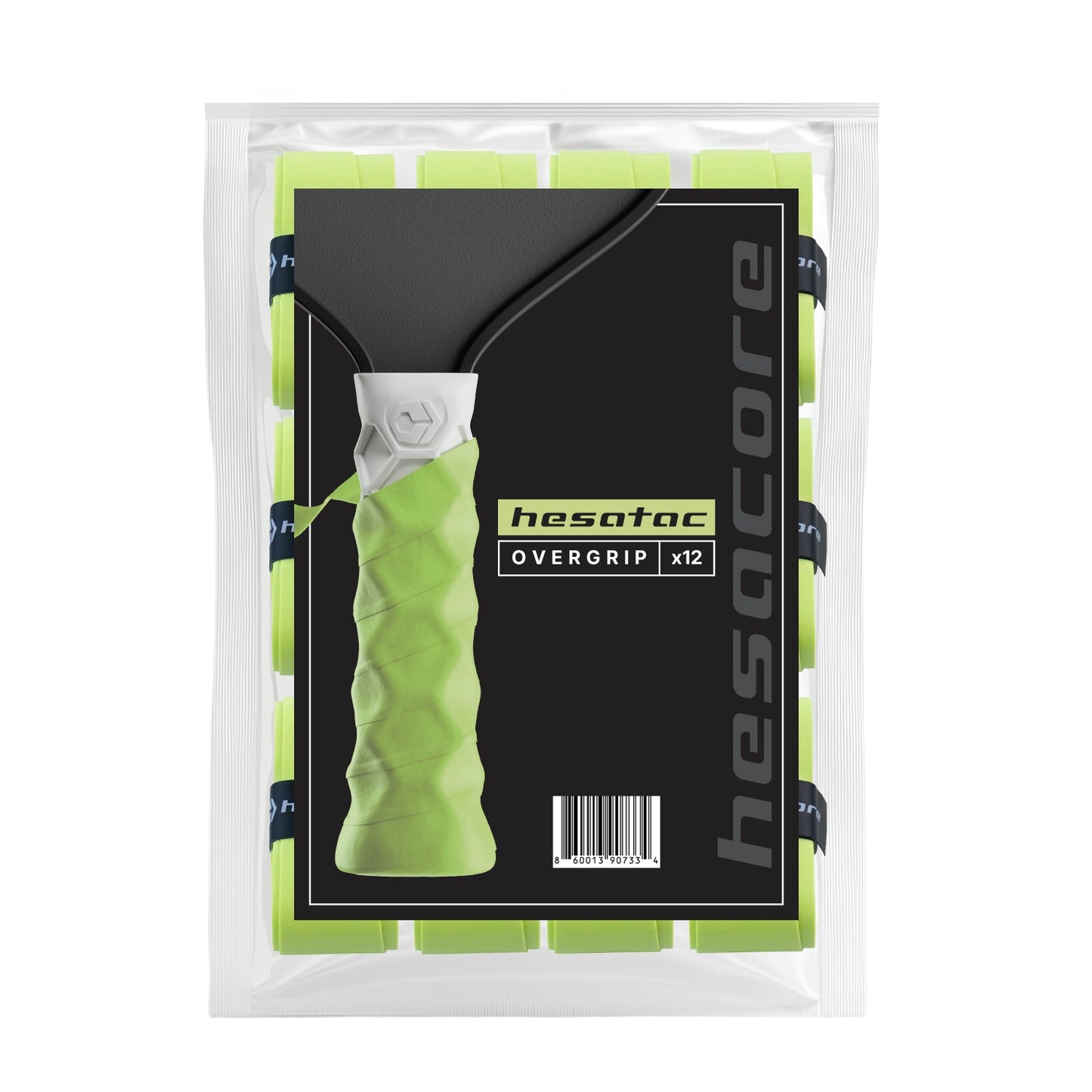 The Hesacore Grip Hesatac Overgrip – Neon Green (12 Pack) includes twelve sweat-absorbing grips in a resealable bag with black branding, textured padel overgrip display, and a barcode at the bottom.