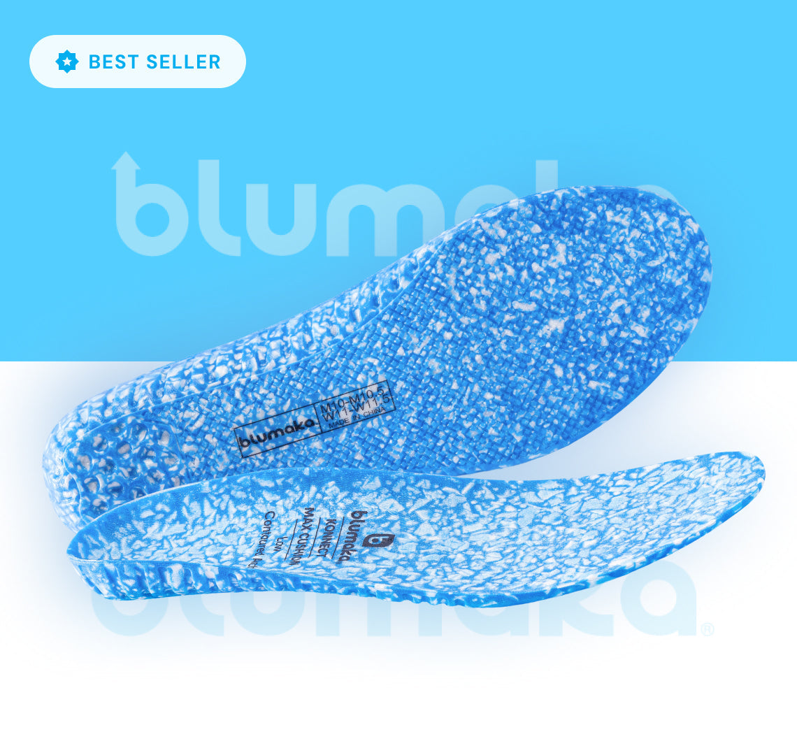 Blumaka NonSlip ‘FoamLock’ Performance Insoles in blue speckle are shown on a blue and white split background—one flat showing the top, one propped to display its textured sole. A “Best Seller” label is in the upper left corner.