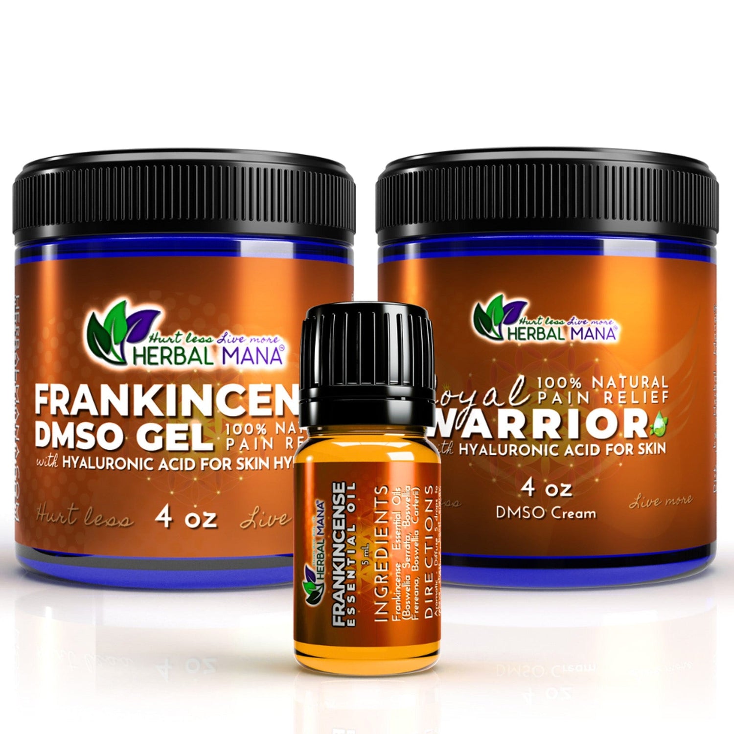 The Herbal Mana Frankincense Bundle features two large jars—Frankincense DMSO Gel and Royal Warrior DMSO Cream—and a small amber essential oil, all designed for natural pain and joint relief.