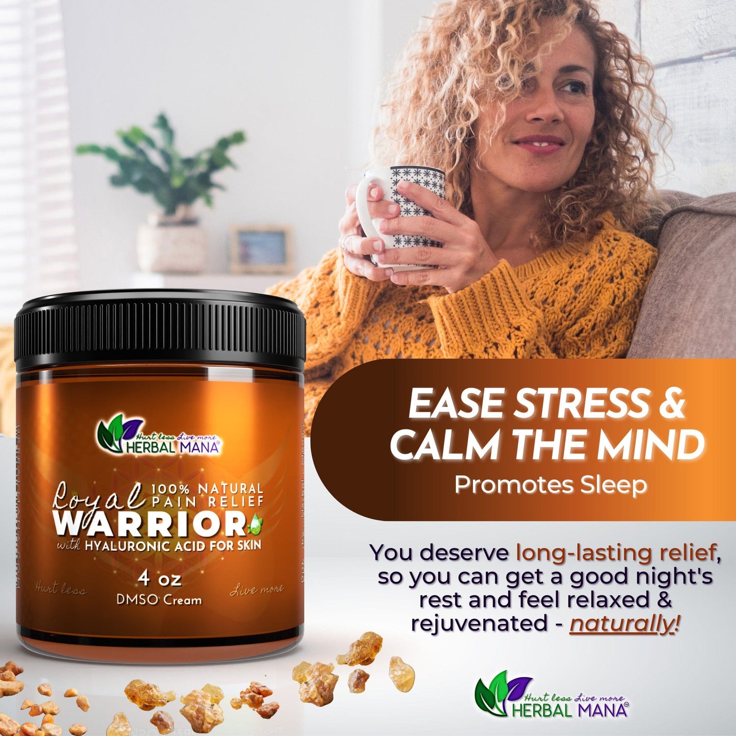 A smiling woman in a cozy orange sweater holds a mug, looking relaxed. In front sits Herbal Mana’s Frankincense DMSO Cream for Joint Pain | Royal Warrior, offering natural, long-lasting pain relief to ease stress and support restful comfort.