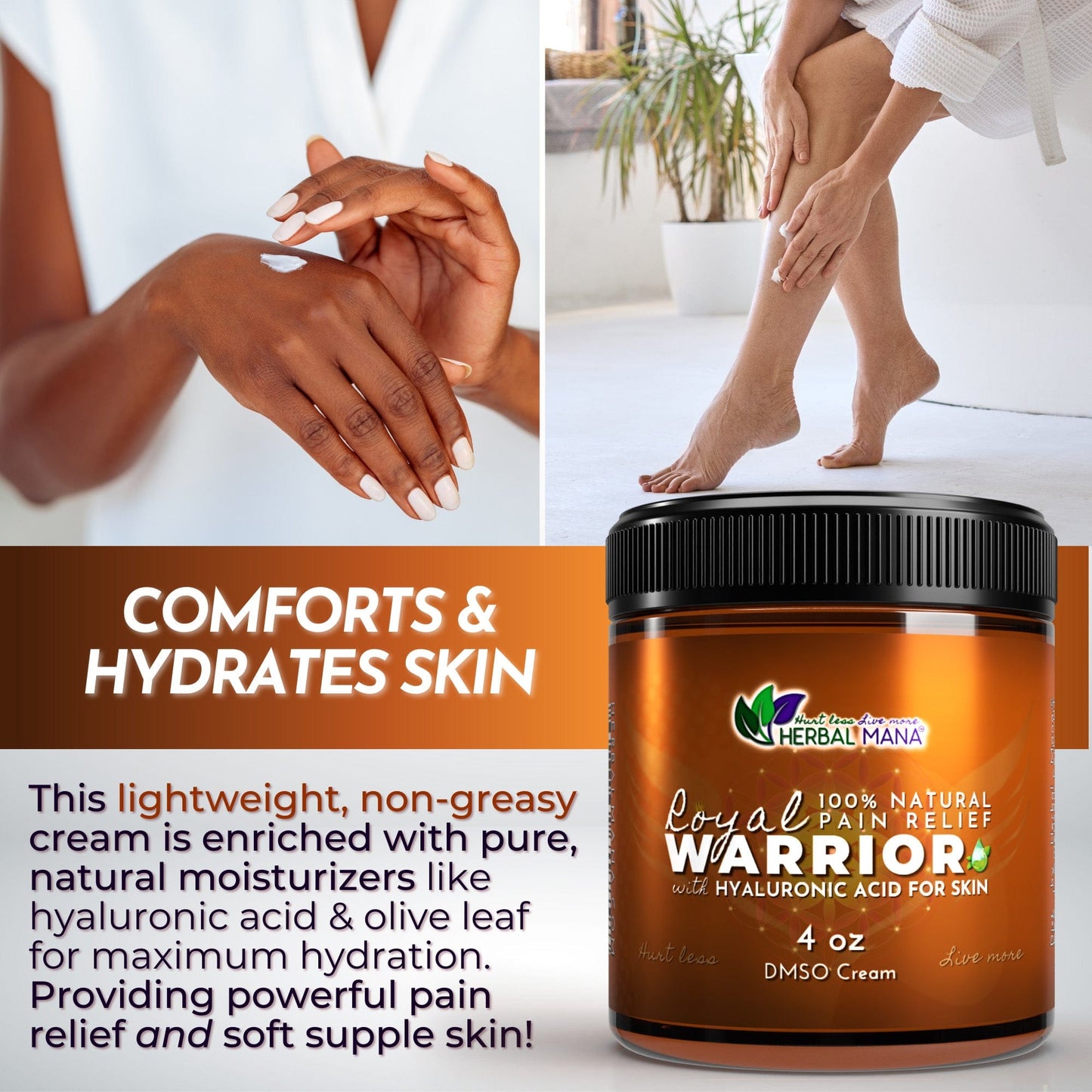 A person applies Herbal Mana’s Frankincense DMSO Cream for Joint Pain (Royal Warrior) to their hand. Text highlights its natural, non-greasy formula, hyaluronic acid and olive leaf, and the long-lasting comfort it provides.