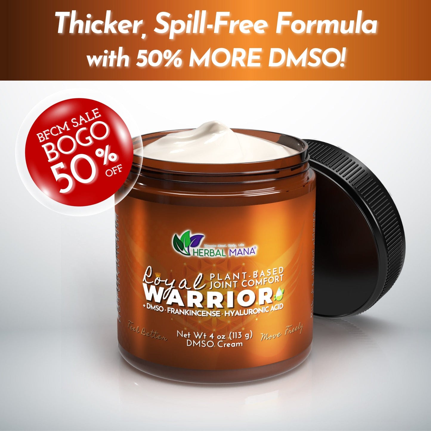 A brown jar of Herbal Mana’s Frankincense DMSO Cream for Joint Pain sits open on a glossy surface, showing white cream inside and its black lid nearby. Highlights include “50% MORE DMSO,” BOGO 50% off, and plant-based joint comfort ingredients.