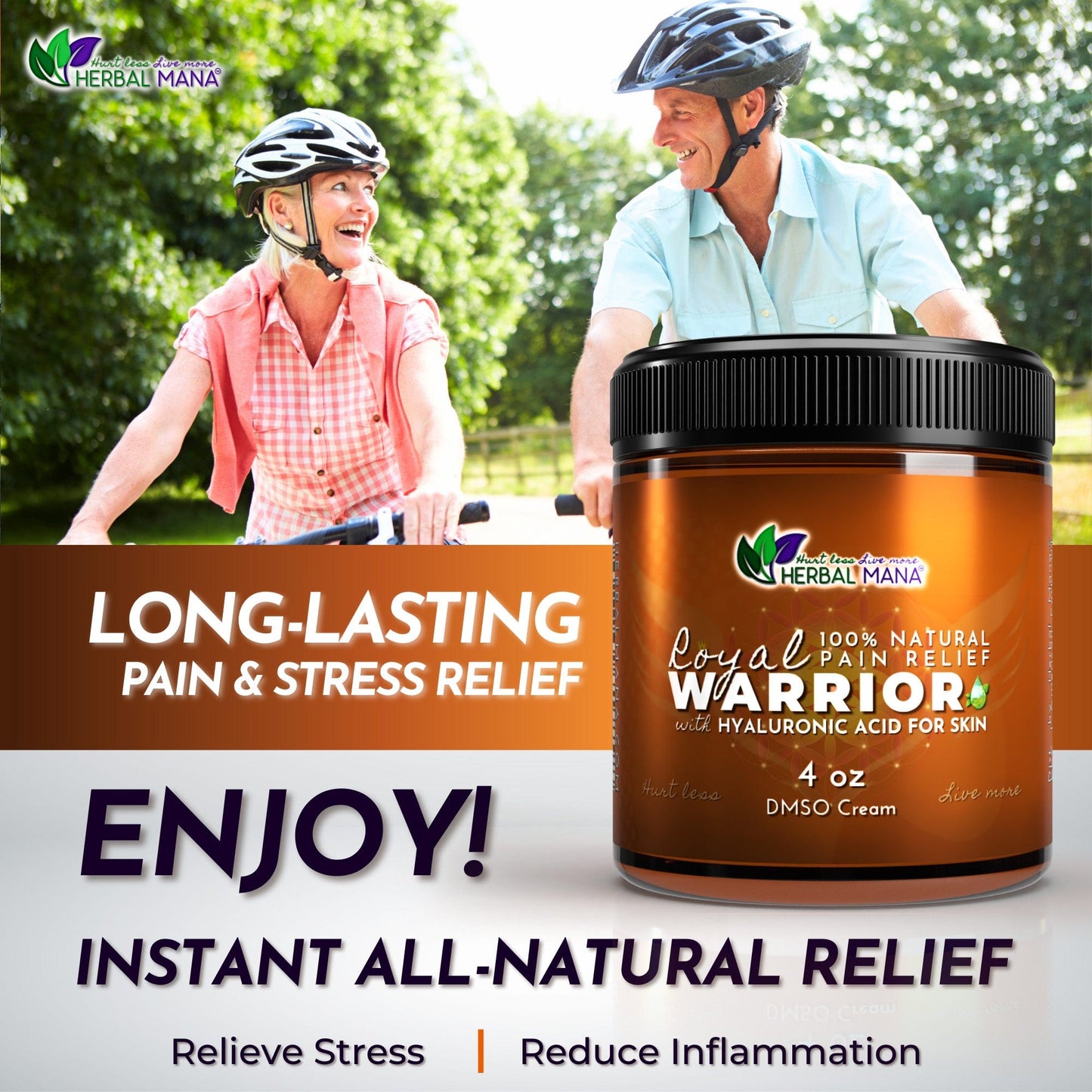 A happy older couple wearing helmets ride bikes outdoors. In front is a jar of Frankincense DMSO Cream for Joint Pain | Royal Warrior by Herbal Mana, featuring text about long-lasting, instant all-natural pain and stress relief.