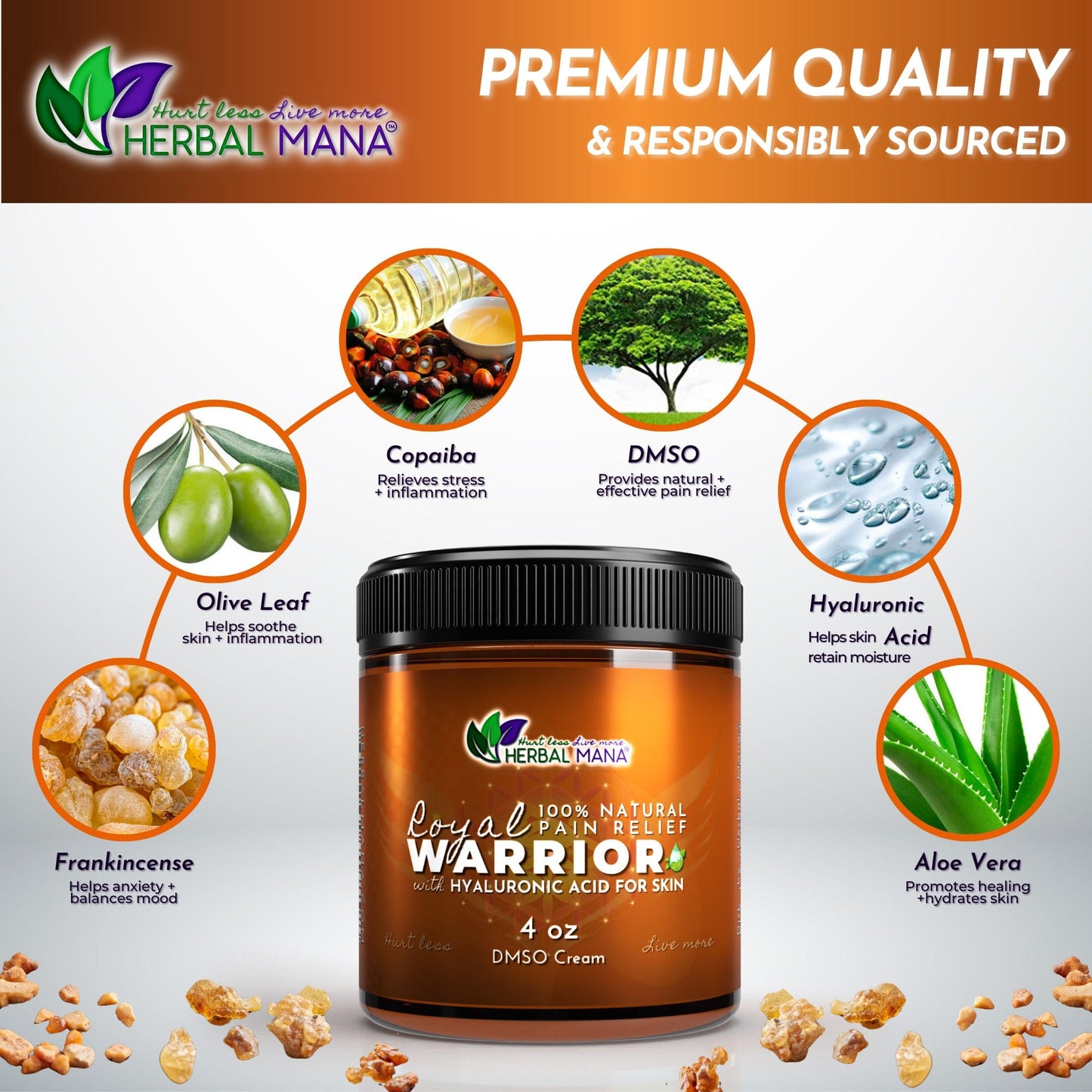 A brown jar labeled Royal Warrior by Herbal Mana is centered. Above, six circles list Copaiba, DMSO, Hyaluronic Acid, Aloe Vera, Frankincense, and Olive Leaf benefits. Text highlights this premium joint pain relief cream is responsibly sourced.