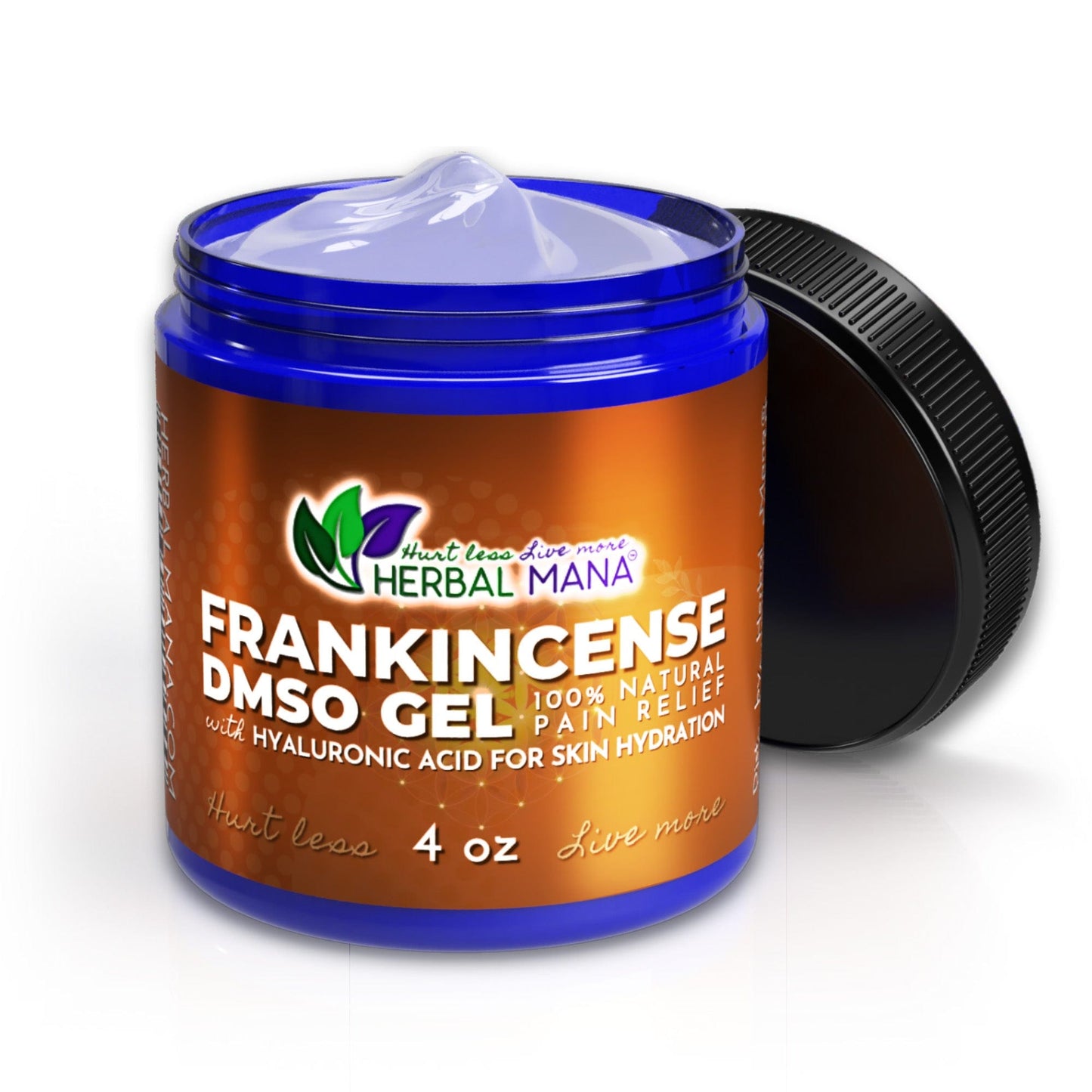 A blue jar with an open black lid holds translucent gel. The orange label reads: Frankincense DMSO Gel with Hyaluronic Acid by Herbal Mana, 4 oz, for skin hydration and natural anti-inflammatory relief.