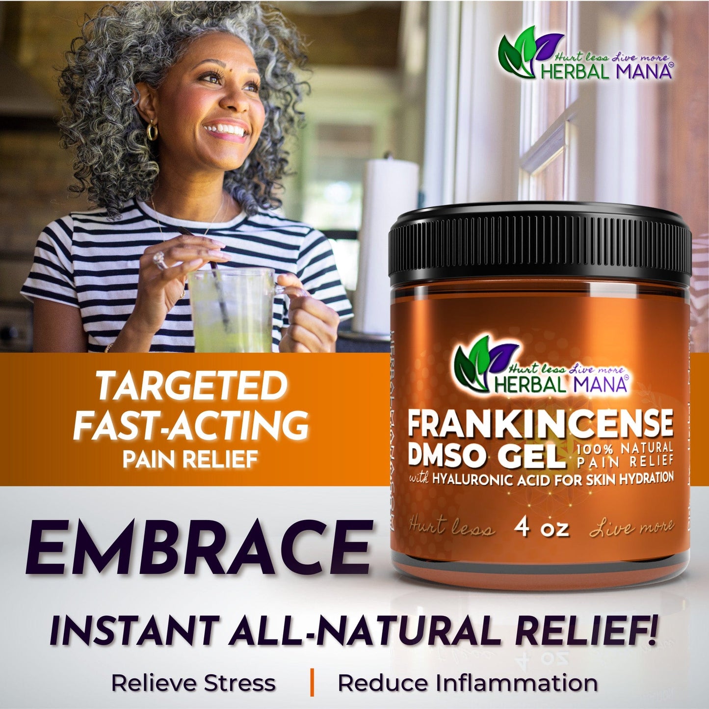 A smiling woman with curly gray hair enjoys a green drink by a sunny window. In the foreground, Herbal Mana’s Frankincense DMSO Gel with Hyaluronic Acid offers all-natural chronic pain relief and natural anti-inflammatory benefits.