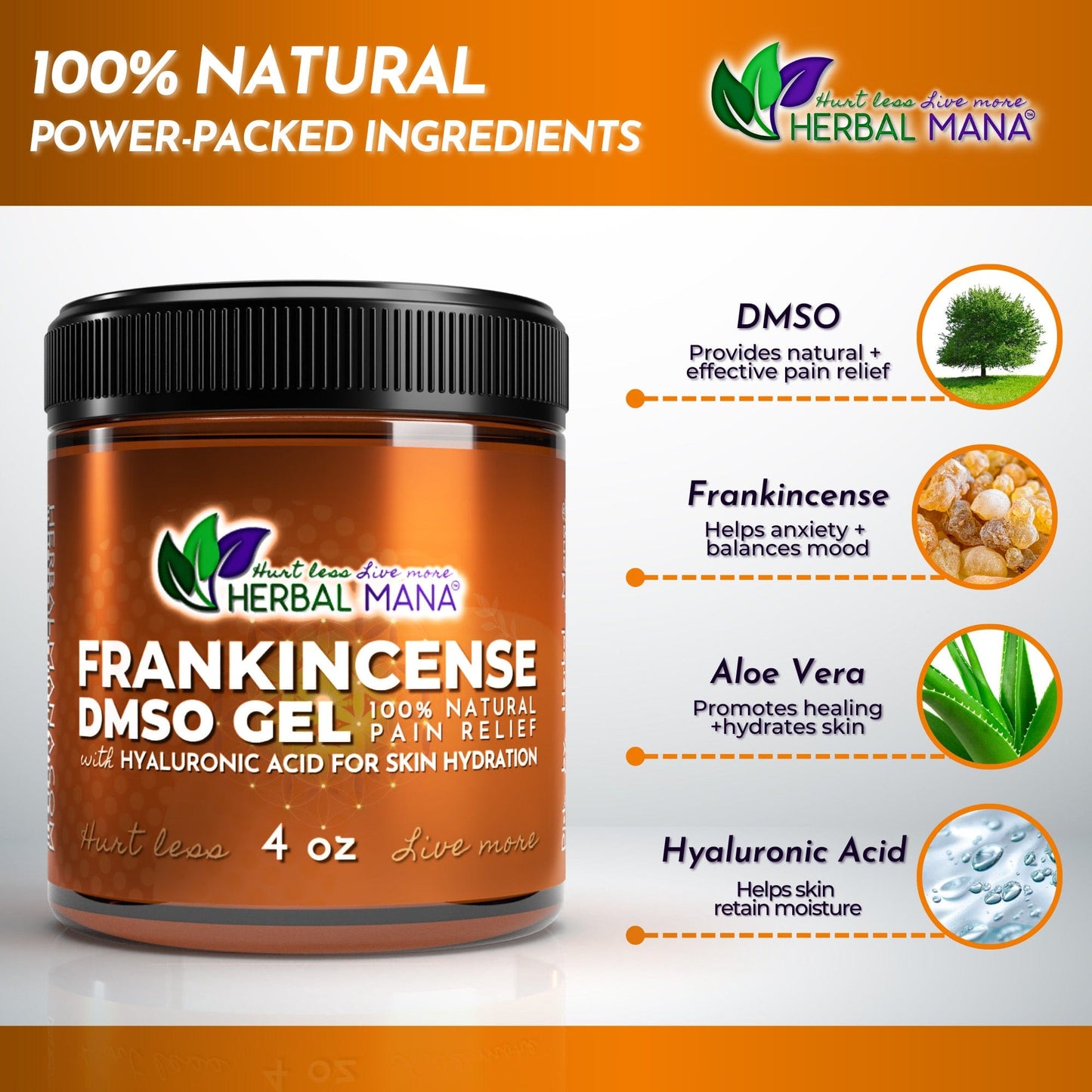 A brown jar labeled Frankincense DMSO Gel with Hyaluronic Acid from Herbal Mana sits on a white surface. The text highlights natural ingredients, anti-inflammatory benefits for chronic pain, plus visuals of product benefits and the Herbal Mana logo.