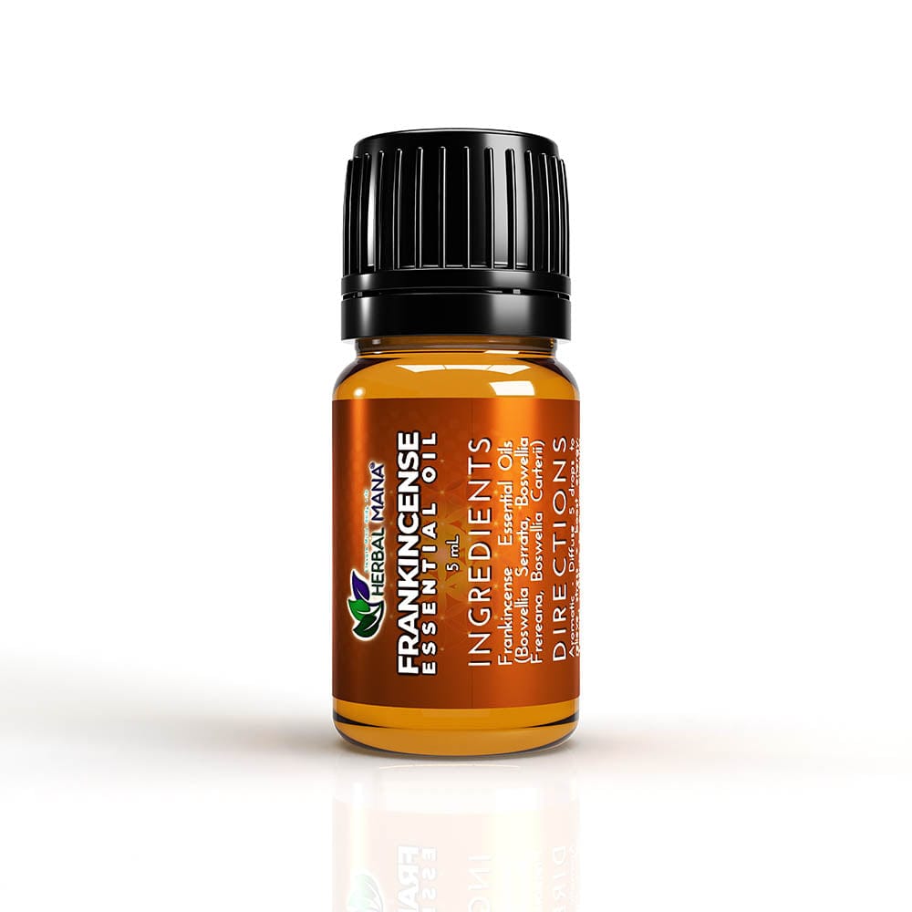 A small amber bottle labeled “Herbal Mana SALE!! Frankincense Essential Oil (Boswellia Blend)” stands upright. The black ribbed cap tops the bottle, which casts a faint reflection on a white background. White text provides ingredients and directions.