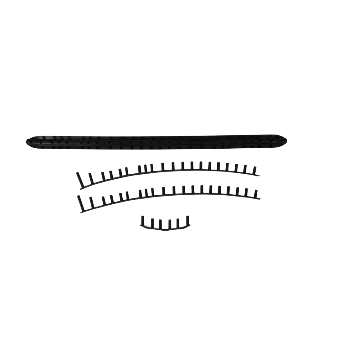 A black, elongated plastic bumper guard and three curved black Replacement Grommets by Diadem Sports, each with vertical tabs, are displayed on a plain white background. These items are typically used for Diadem racket maintenance.