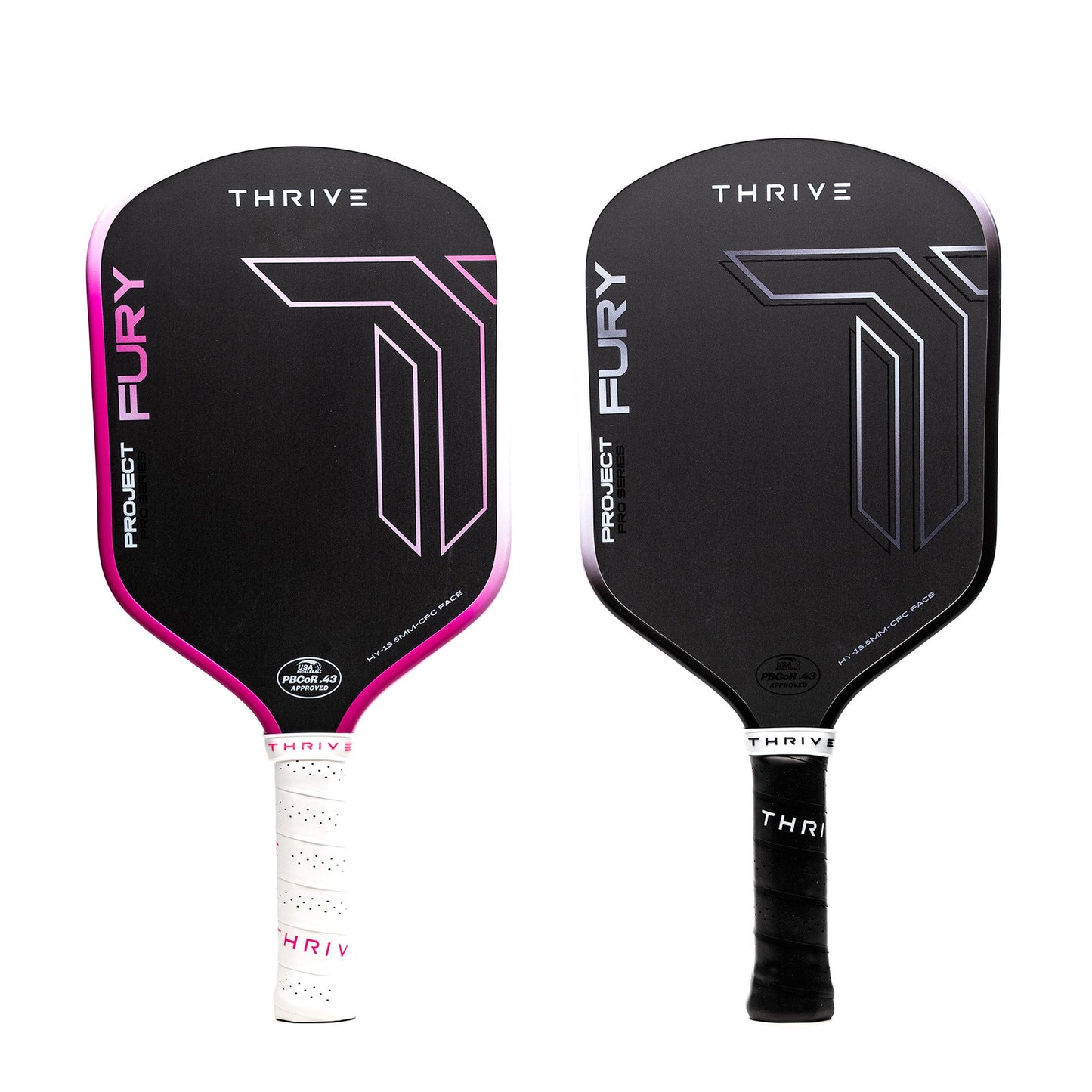 Two black FURY Hybrid 15.5 MM paddles by Thrive Pickleball are displayed side by side. The left has pink accents and a white grip; the right features white accents and a black grip. Both display FURY and THRIVE logos. 6-month warranty included.