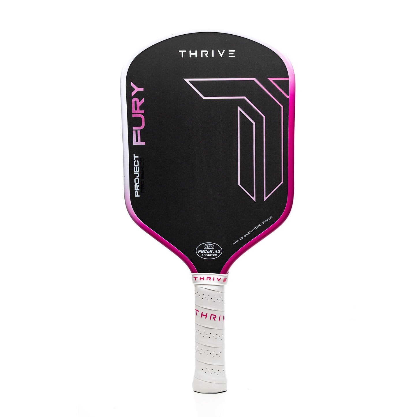 The FURY Hybrid 15.5 MM (GEN 3.5 POWER SERIES) paddle by Thrive Pickleball features black and pink angular lines, “THRIVE” at the top, “PROJECT FURY” on the left, a white perforated grip, and a small logo near the bottom.