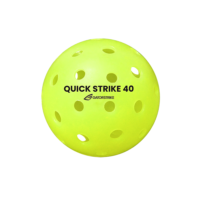 The GATORSTRIKE™ Quick Strike Pickleballs are bright yellow, high-performance plastic balls with evenly spaced round holes and black QUICK STRIKE 40 and GATORSTRIKE branding, perfect for outdoor and tournament play.