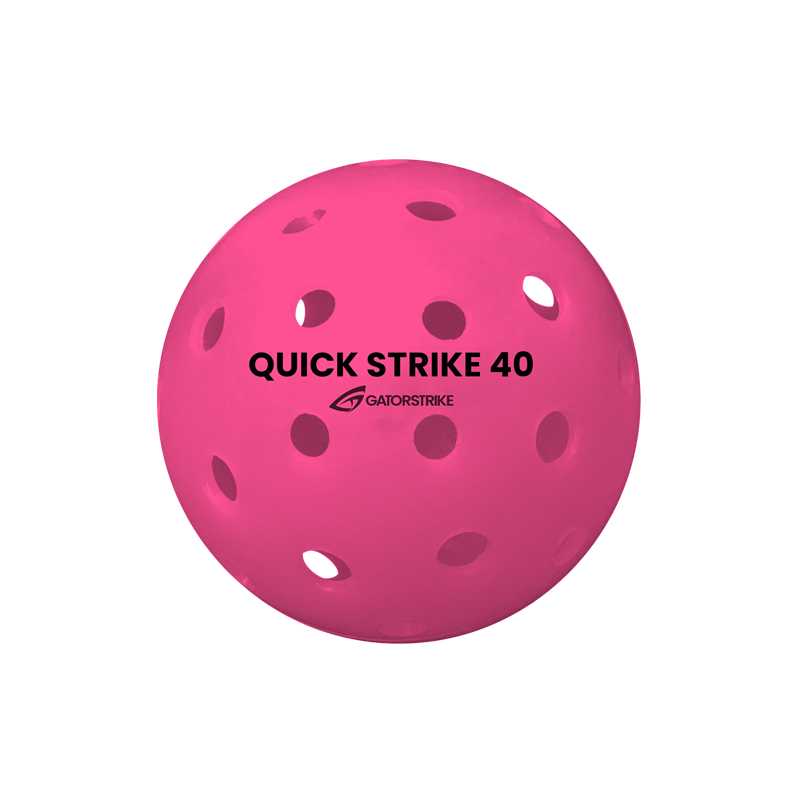 A bright pink GATORSTRIKE™ Quick Strike Pickleball with multiple holes and the text “QUICK STRIKE 40” and “GATORSTRIKE” in black, ideal for outdoor or tournament play. Shown on a plain white background.
