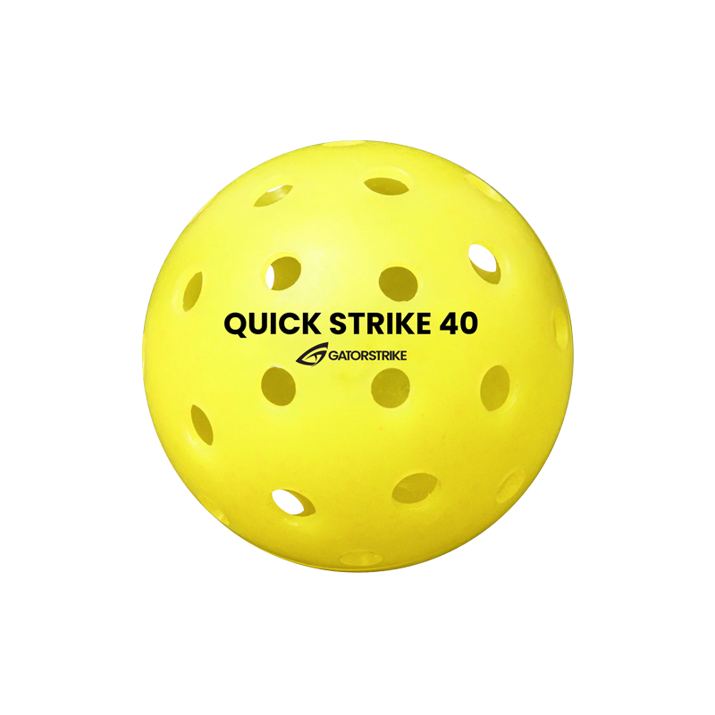 The GATORSTRIKE™ Quick Strike Pickleballs feature a vibrant yellow color, evenly spaced holes, and black “QUICK STRIKE 40” plus GATORSTRIKE logos. Designed for tournament play, these durable outdoor balls are perfect for high performance matches.
