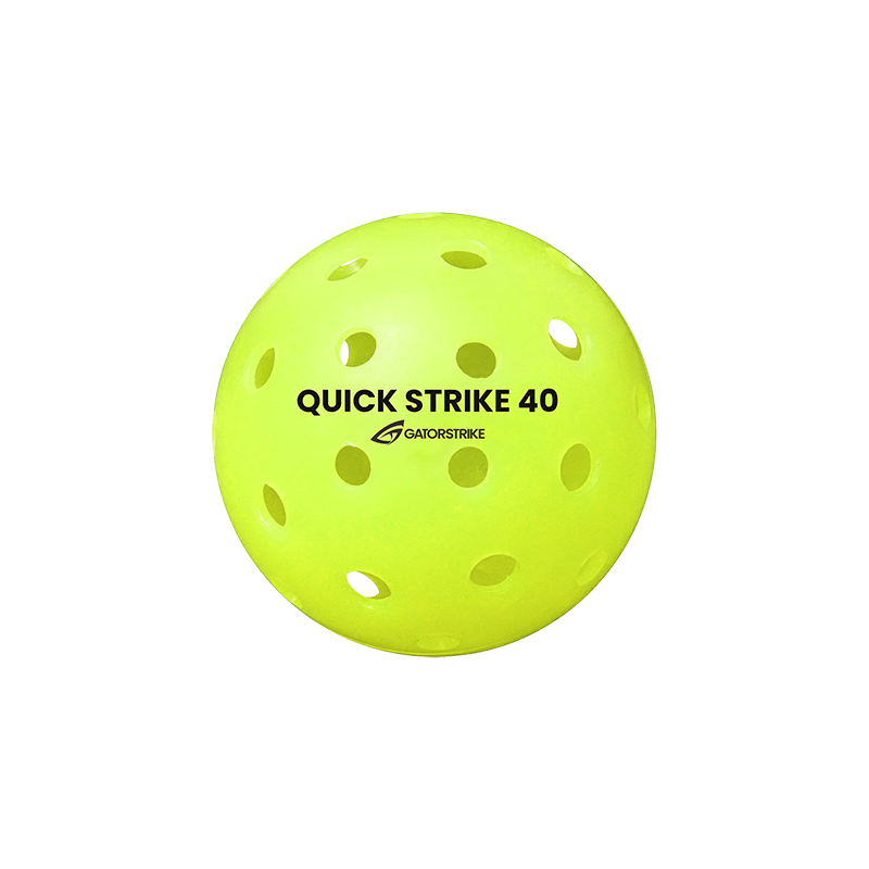 A vibrant yellow GATORSTRIKE™ Quick Strike Pickleball, featuring perforations and black QUICK STRIKE 40 branding, sits on a plain white background. Ideal for tournaments, this high-performance ball offers durability for outdoor play.