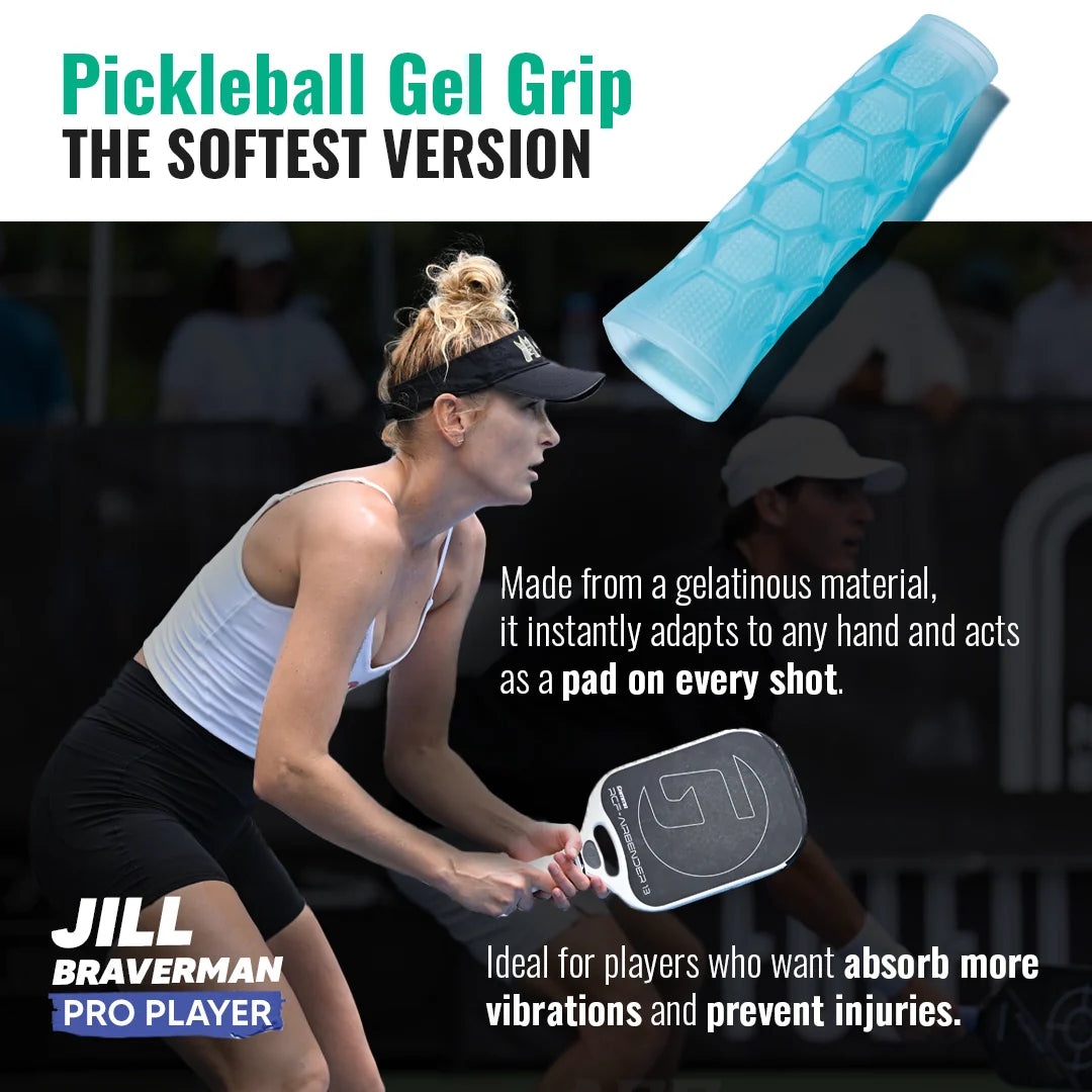 A female pickleball player appears beside the Hesacore Grip Pickleball Gel Grip (5.25", light blue), featuring a soft, ergonomic, shock-absorbing design for injury prevention and hand comfort. Endorsed by pro Jill Braverman.