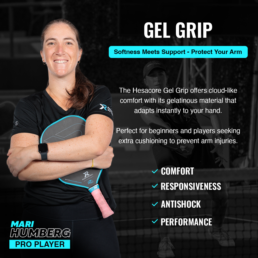A smiling female pickleball player in black holds a paddle with the 5.25" Hesacore Grip Pickleball Gel Grip in light blue, featuring a soft feel for comfort, support, antishock protection, and improved performance.
