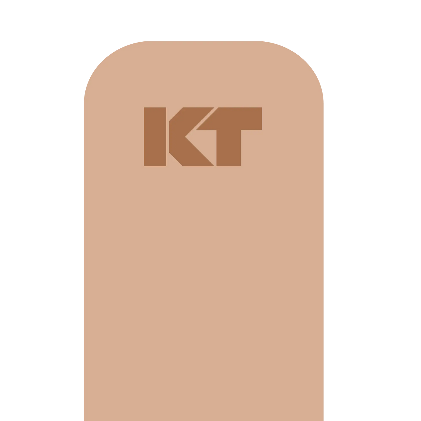 A tall, rounded beige rectangle representing KT Tape Sensitive Skin by KT Tape features bold, brown "KT" letters near the top center on a plain white background, resembling gentle kinesiology tape.