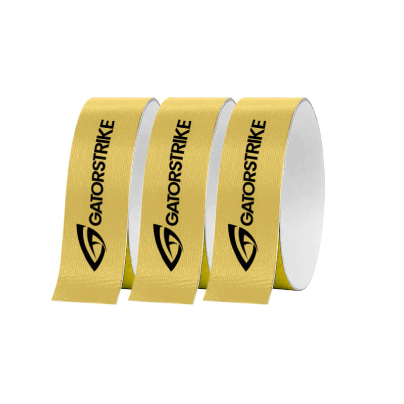 Three rolls of GATORSTRIKE™ Edge Guard Tape - 3 Pack stand upright on a white background, each featuring the bold black GATORSTRIKE logo and eye graphic—ideal for pickleball paddle edge protection.