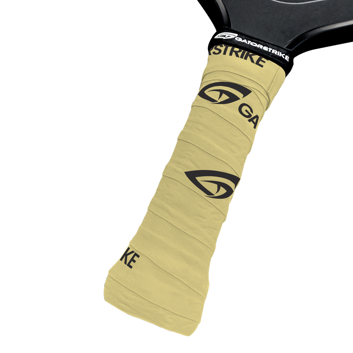 A close-up of a pickleball paddle handle wrapped in GATORSTRIKE™ Tacky Over Grips (3 Pack) in light tan, featuring the GATORSTRIKE name and black logo repeatedly printed. The partially visible throat of the paddle is black.