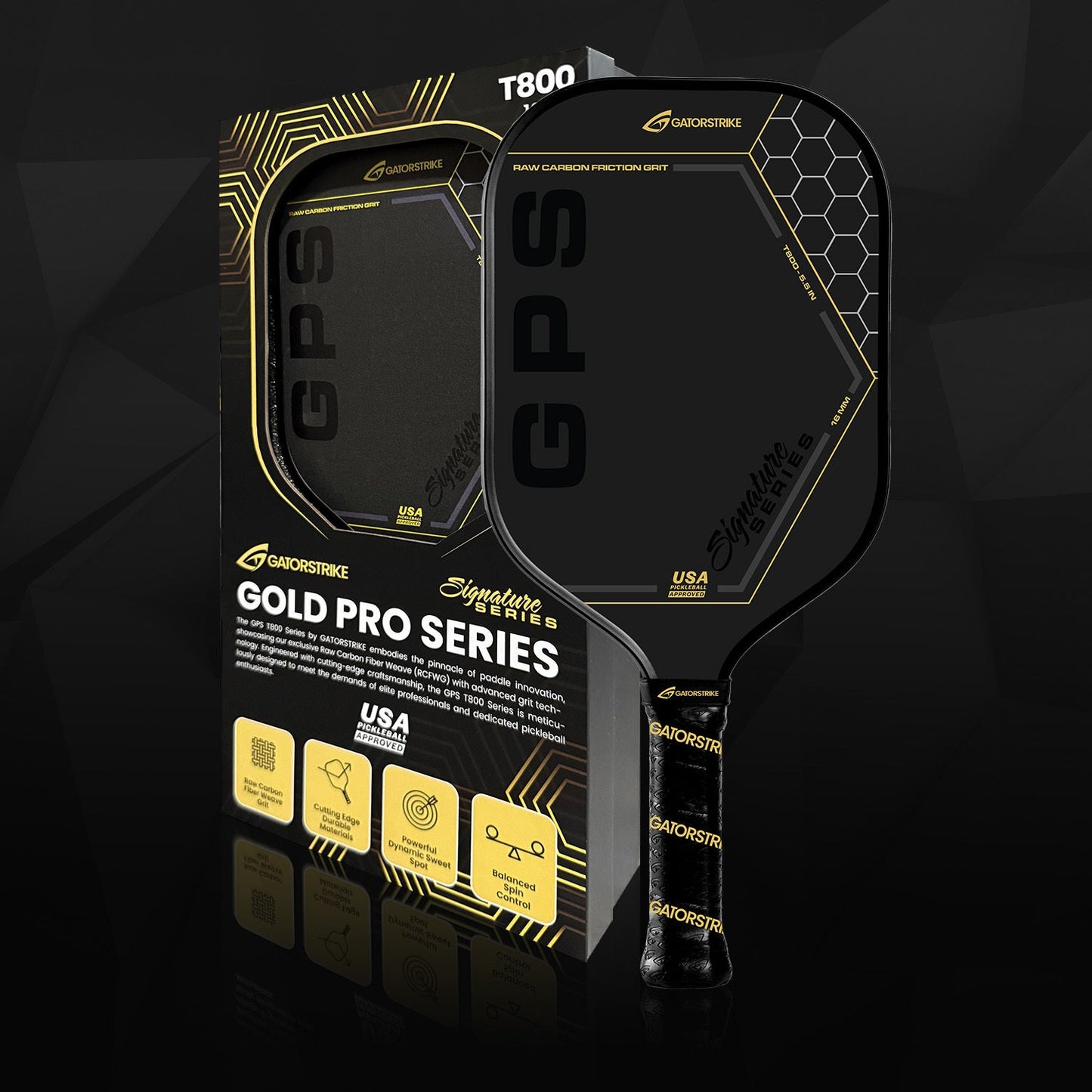 A black and gold GATORSTRIKE™ Gold Pro Series carbon fiber pickleball paddle is shown in sleek black packaging with geometric designs, highlighting a responsive sweet spot, carbon protection, honeycomb core, and “USA PICKLEBALL APPROVED.”.