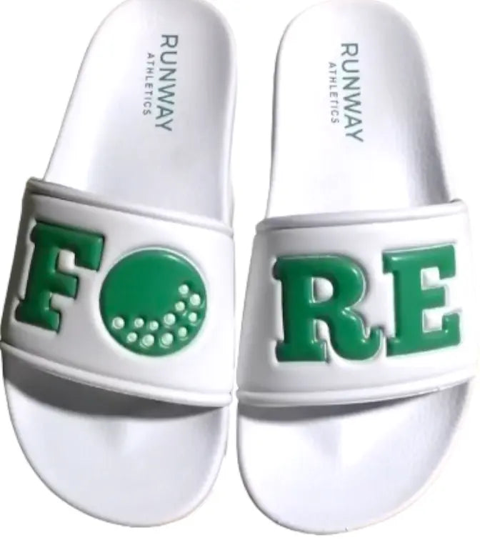Step up your golf game with Runway Athletics' Golf Slides - FORE: white embossed sandals featuring raised green "F" and "O" (golf ball) on the left, "R" and "E" on the right. Perfect blend of style and comfort for golfers.