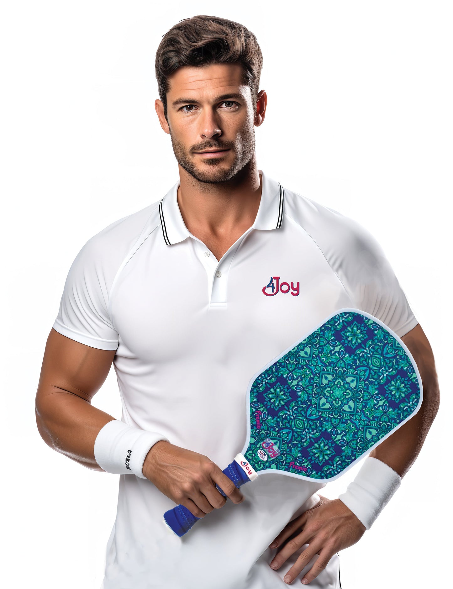 A man with short brown hair and a trimmed beard wears a white polo shirt with “Joy” embroidered on it and holds the Green Forest 4Joy Pickleball Paddle Premio Series by 4Joy Paddles, featuring an ornate green floral design, against a plain white background.