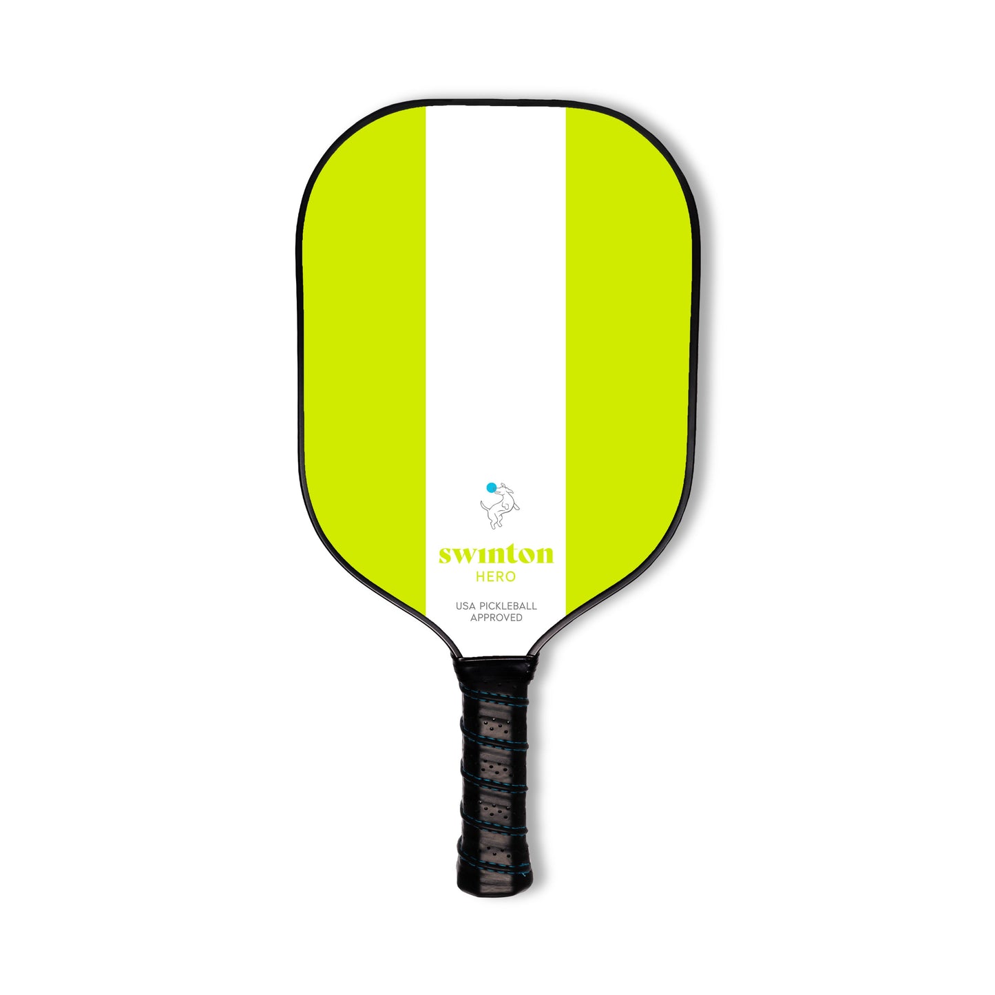 The Swinton Pickleball Hero Green Stripe Paddle is lightweight with a bright yellow-green face, black trim, white vertical stripe, and premium black grip. "Swinton HERO" text and a blue dot logo appear near the base of the paddle.