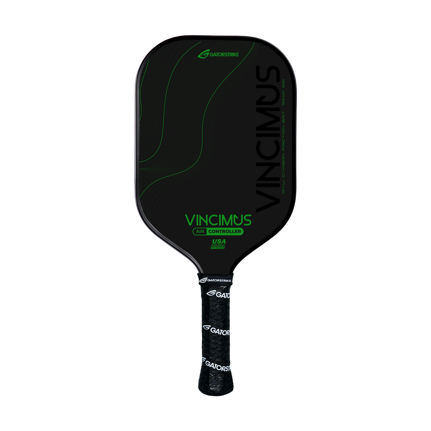 The GATORSTRIKE™ Vincimus AIR CONTROLLER is a black raw carbon fiber pickleball paddle with green accents, “VINCIMUS” on the right, a black handle with GATORSTRIKE logos, and green “VINCIMUS CORE CONTROLLER” text near the base.