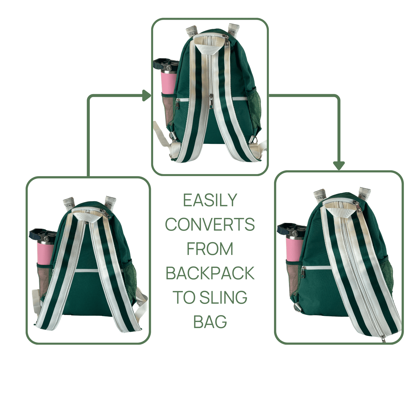 Three images display the Fresh Pickle Teddi Pickleball Backpack in green with striped straps, showing how it easily converts from a backpack to two sling bag styles. Arrows illustrate the transformation and text reads “Easily converts from backpack to sling bag.”.