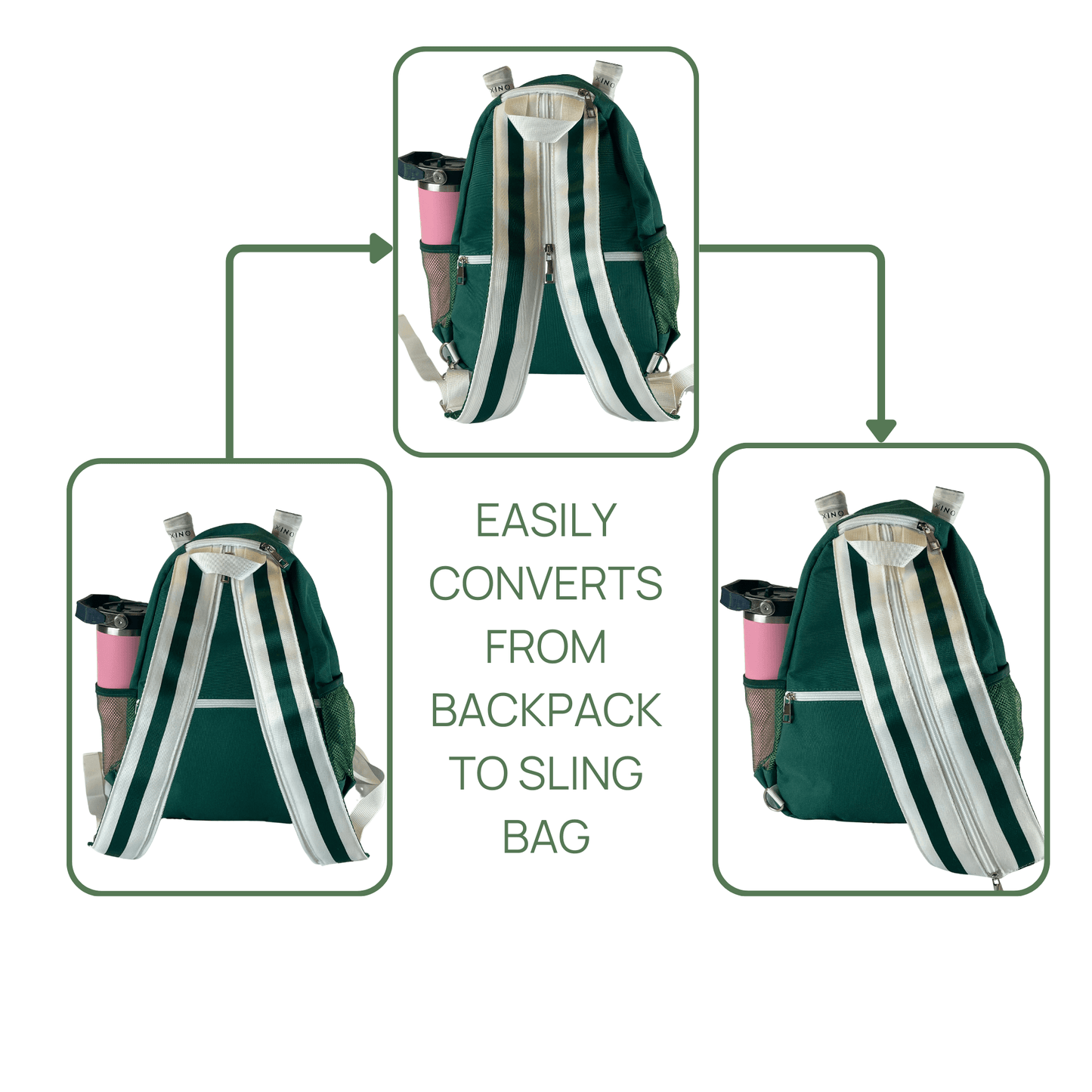 The Fresh Pickle Teddi Pickleball Backpack, shown in green with striped straps, is displayed as a backpack, with unzipped straps, and as a sling bag. Arrows show the change. Text reads: “Easily converts from backpack to sling bag.”.