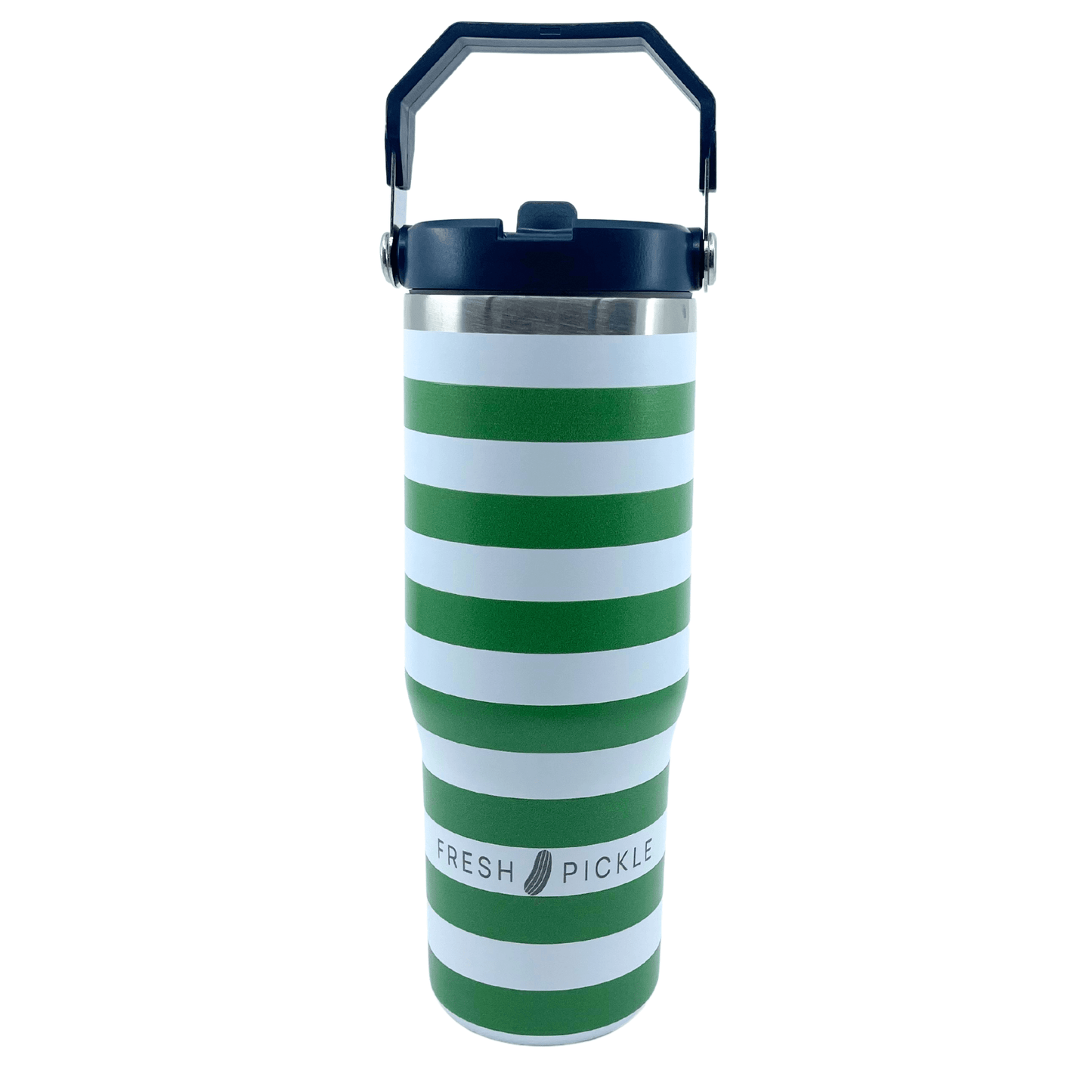 The Fresh Pickle Tumbler by Fresh Pickle is a tall 30 oz travel tumbler with a black handle and lid, bold green and white stripes, double-wall insulation, “FRESH PICKLE” text, and a small pickle graphic near the base.