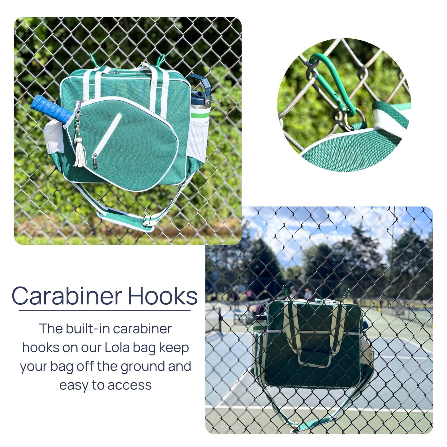 The Fresh Pickle Lola Pickleball Tote Bag with white trim hangs by its built-in carabiner on a tennis court fence. A close-up shows the carabiner clipped to the handle. Tennis rackets and a pouch are visible inside the tote.
