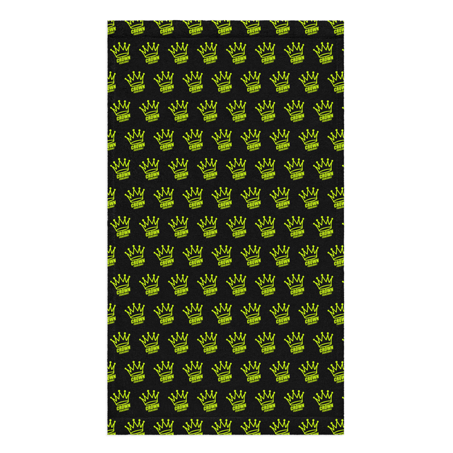 The Crown Pickleball - Corona Pattern Hand Towel (BLACK) features a black cotton design with diagonally repeating yellow crowns above “KING OF KINGS” in yellow, all evenly spaced for a stylish, branded look from Crown Pickleball.