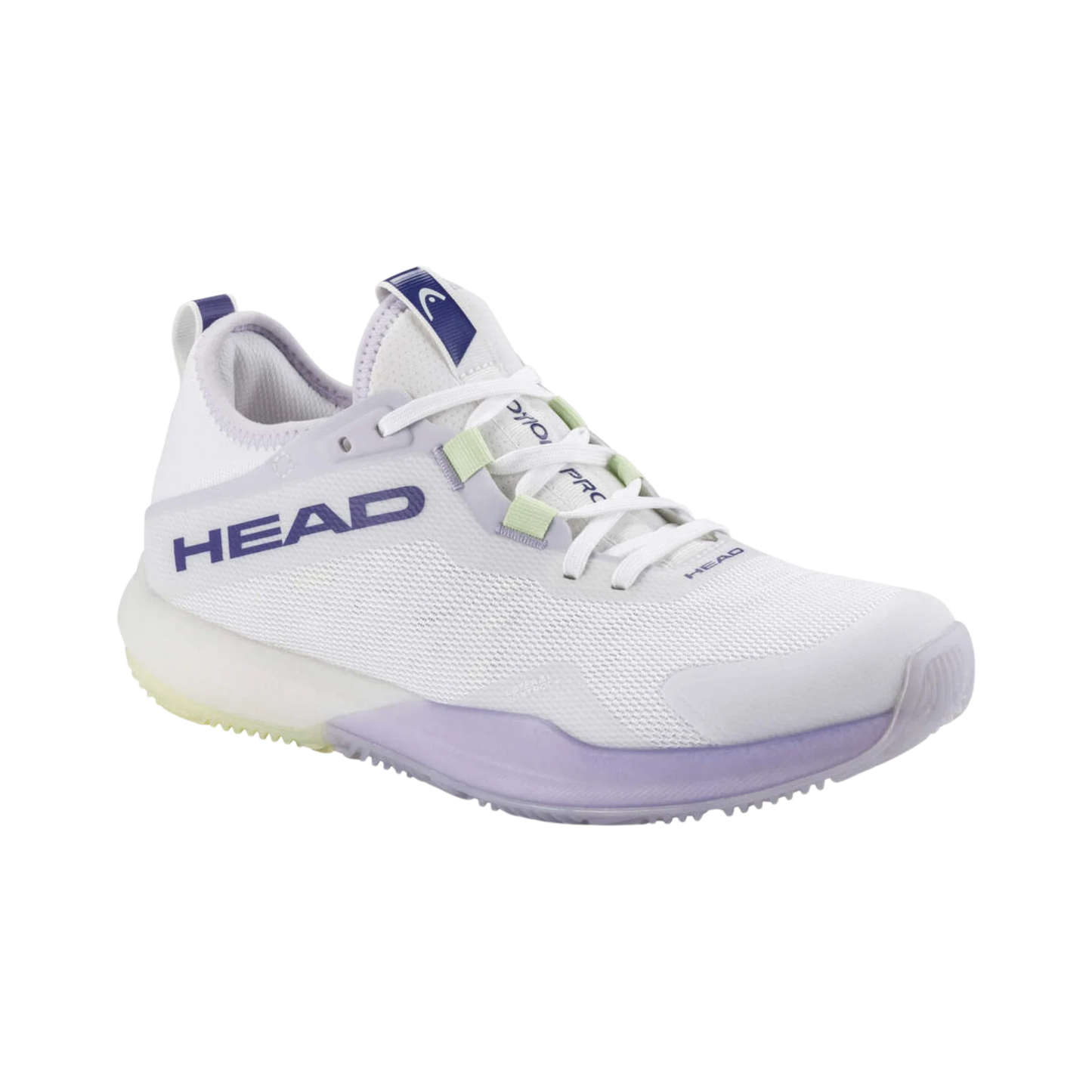 The Head Motion Pro Padel Women's Shoes WHLA from Padel USA feature a white mesh upper, bold purple HEAD branding, purple and light green accents, and a textured sole—blending modern style and top performance for padel or casual wear.