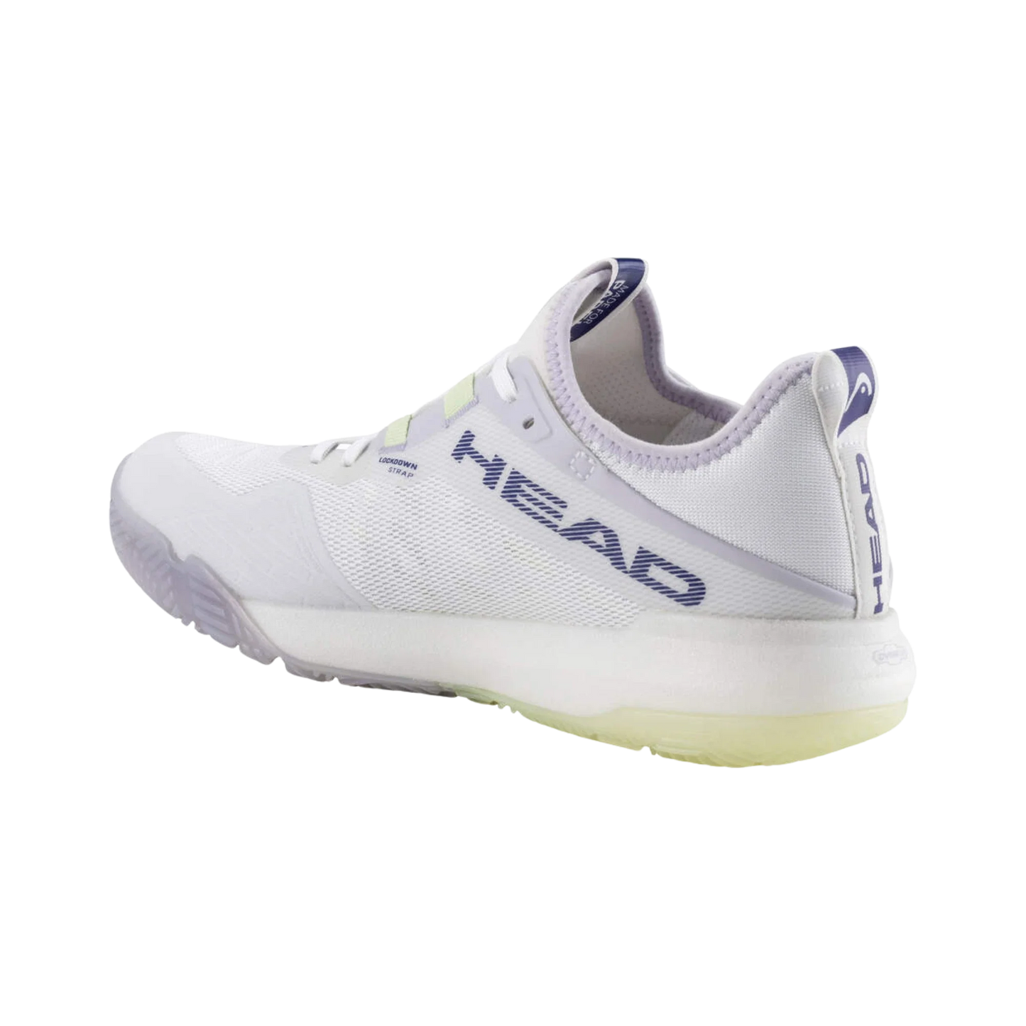 The Head Motion Pro Padel Women's Shoes WHLA from Padel USA feature a white mesh upper, pale yellow accents, blue "HEAD" branding, translucent sole, blue pull tab, and visible heel detail shown from a rear-side angle.