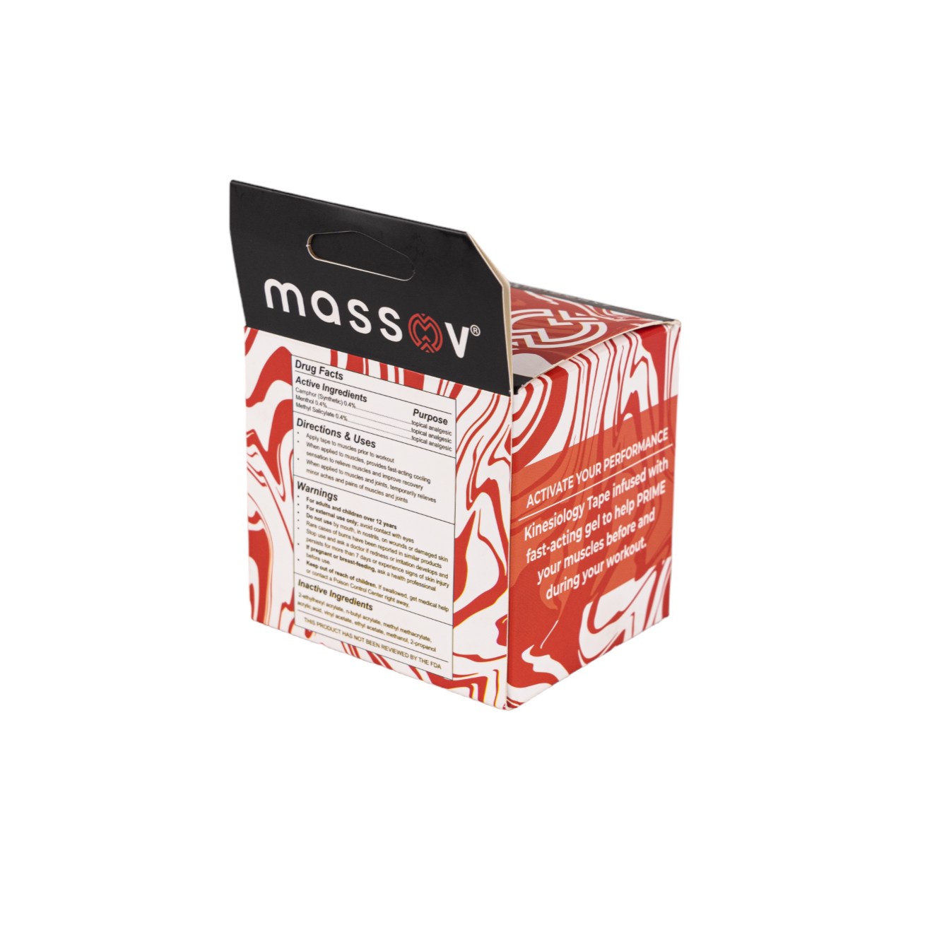 A red and white Massov box with abstract patterns features a black top flap labeled in white. The side panel gives directions, warnings, and usage information for Heat Therapy Kinesiology Tape, ideal for pain relief and muscle support in sports.