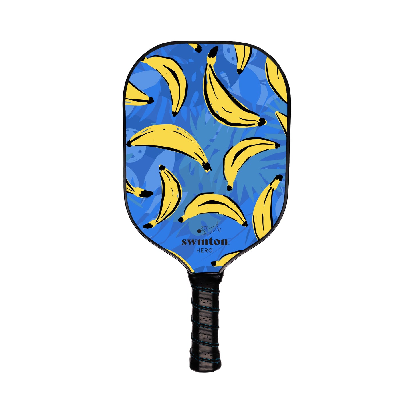 The Swinton Pickleball Starter Bundle - Black Sling Bag Combo features a paddle with a black handle and blue face dotted with yellow bananas, plus blue abstract shapes and "swinton HERO" at center—a fun gift and perfect addition to your pickleball accessories.