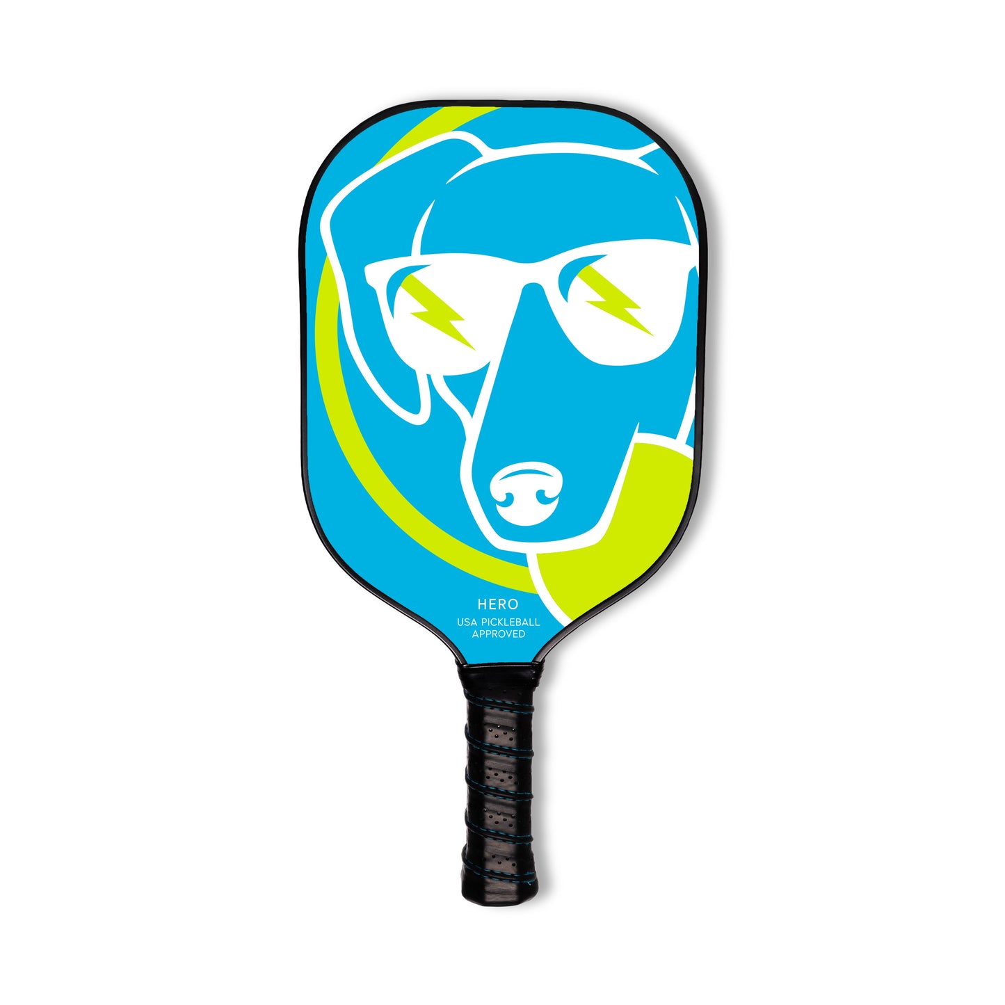 The Swinton Pickleball Hero Blue Dog Pickleball Paddle features a lightweight graphite build, a minimalist dog in white lightning bolt sunglasses, bright blue and lime green background, black textured grip, and "HERO USA PICKLEBALL APPROVED" text.