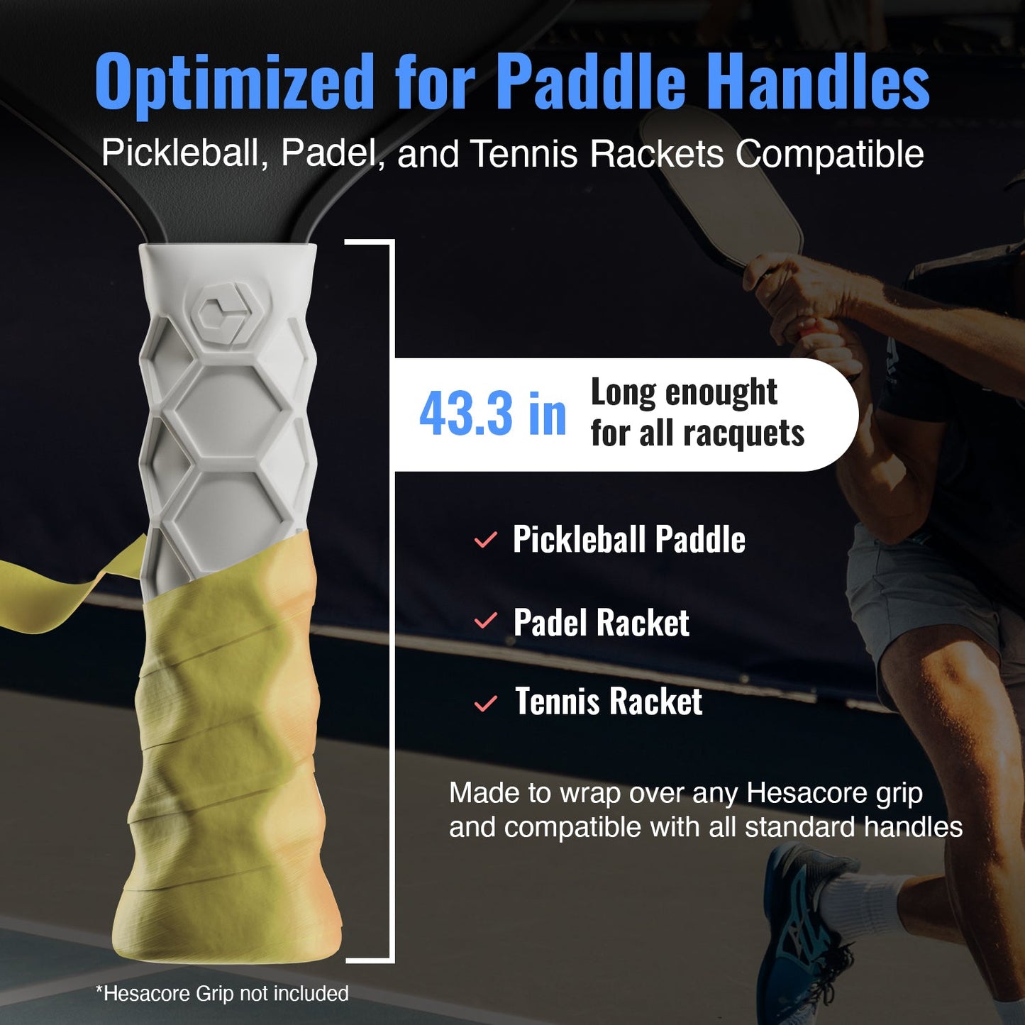 Close-up of a yellow Hesacore Hesatac Overgrip by Hesacore Grip, optimized for paddle handles. Compatible with pickleball, padel, and tennis rackets; 43.3" length fits all standard handles. Available in 6 & 12 packs.
